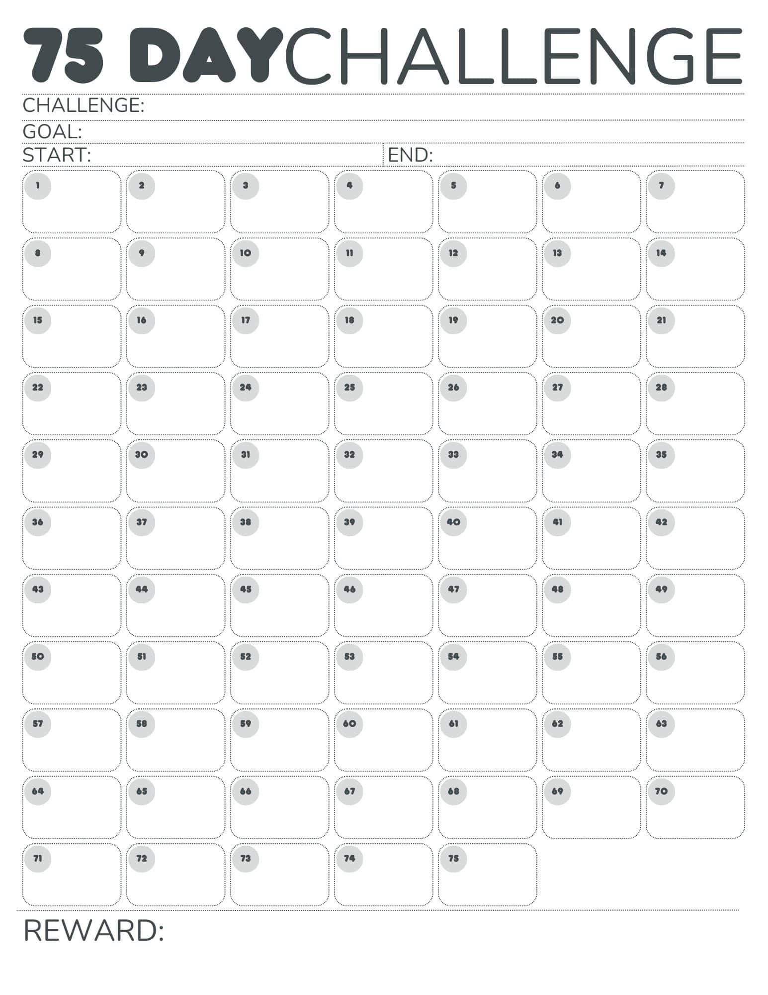 Free Printable 75 Day Challenge Calendar For 75 Hard 75 Medium 75 Soft