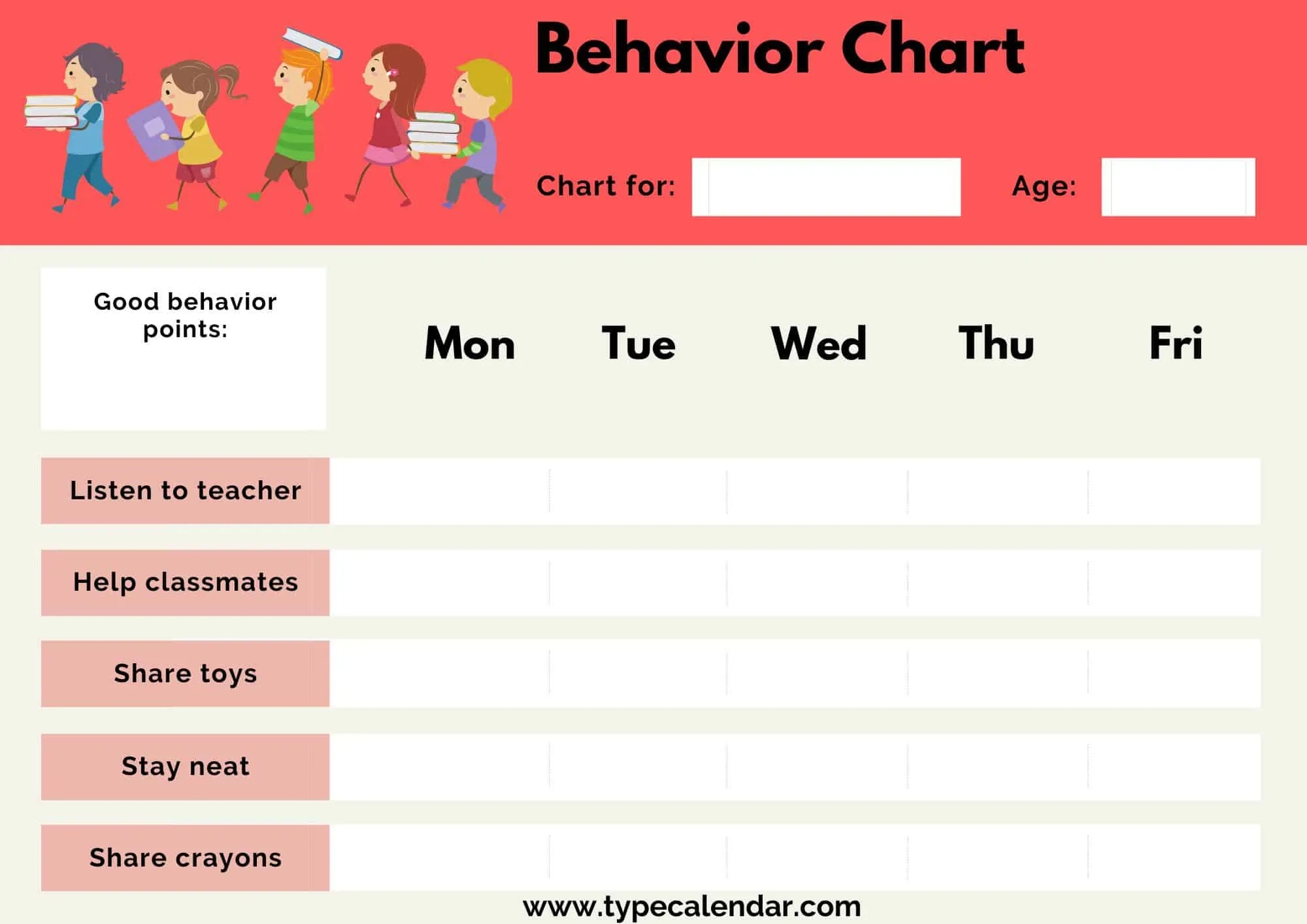 Monthly Behavior Chart Printable