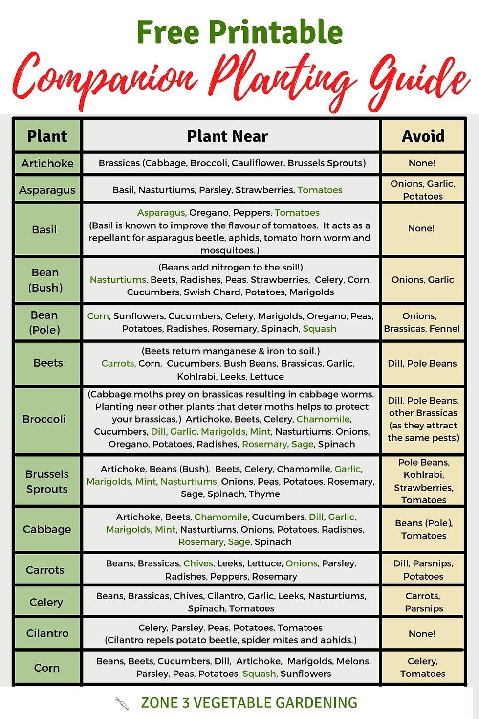 Printable Herb Planting Chart