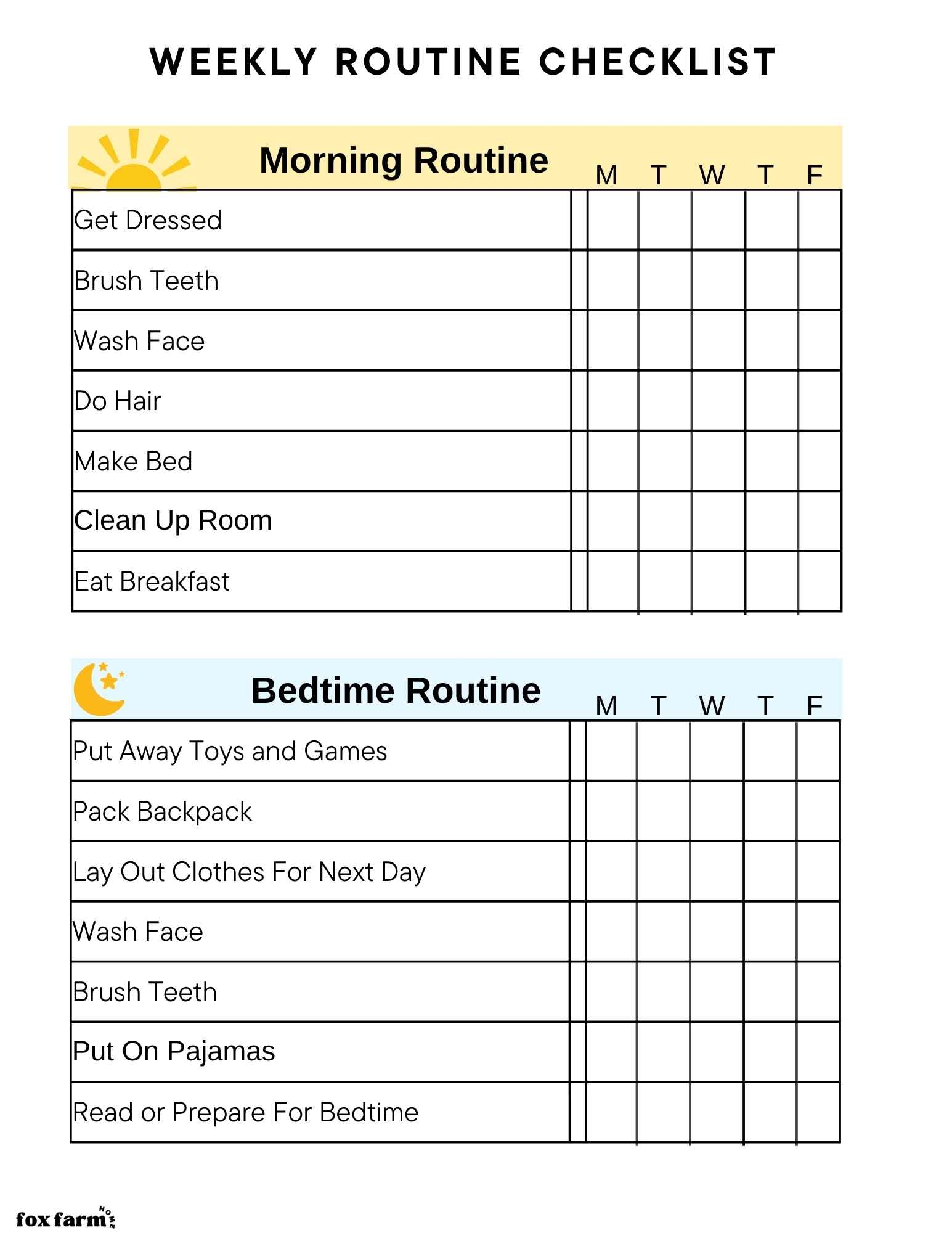 Free Printable Daily Routine Chart For Kids Fox Farm Home