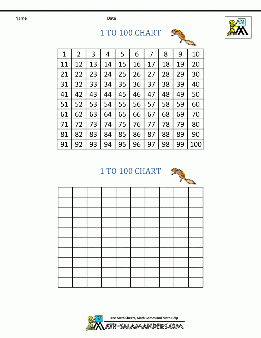 1 100 Number Chart Printable Free