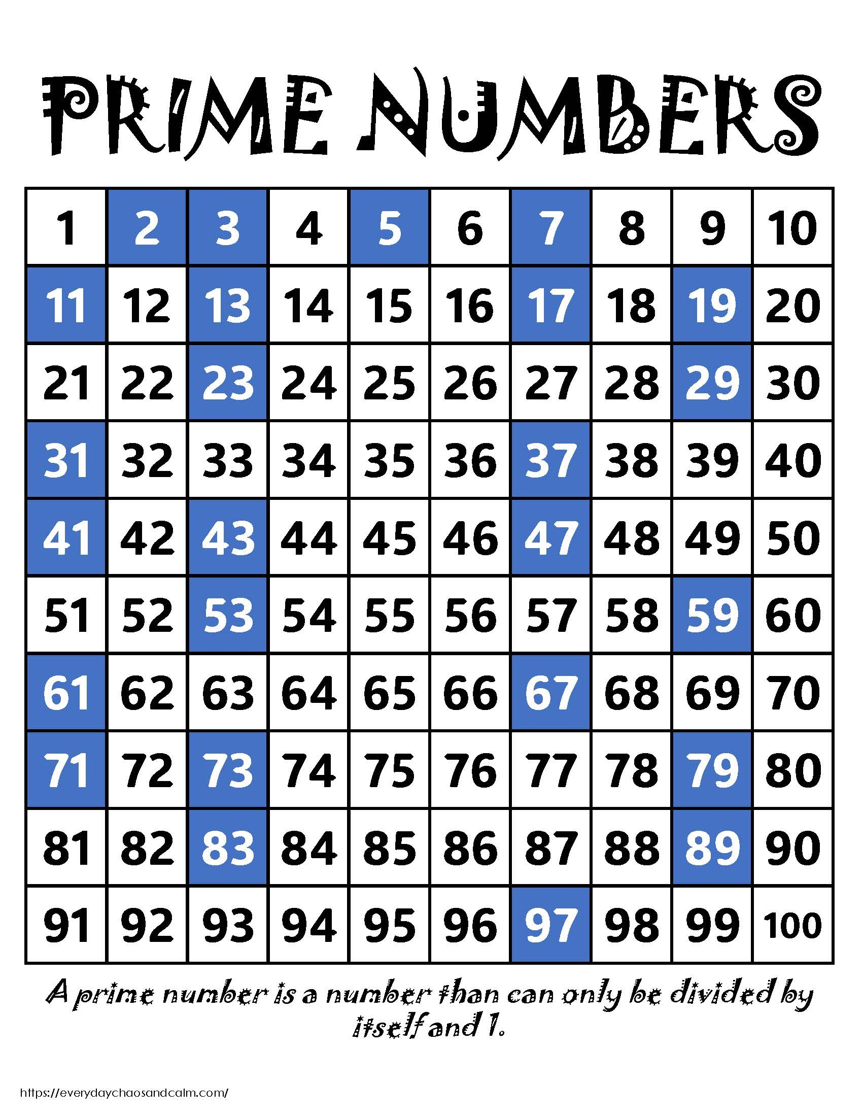 Free Printable Prime Number Charts Free Printable Prime Number Charts