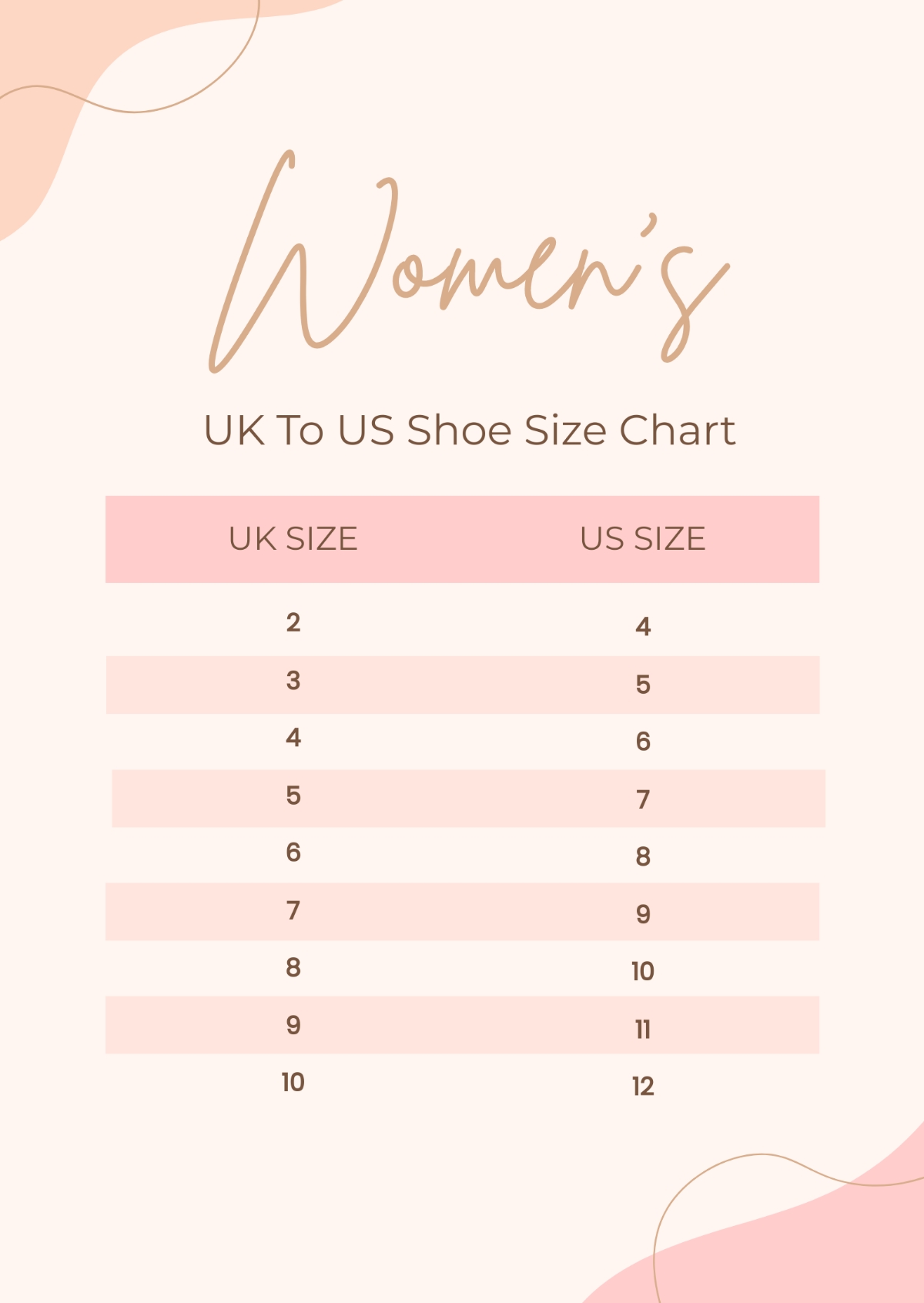 Printable Shoe Size Chart Women's Printable Shoe Size Chart Women's