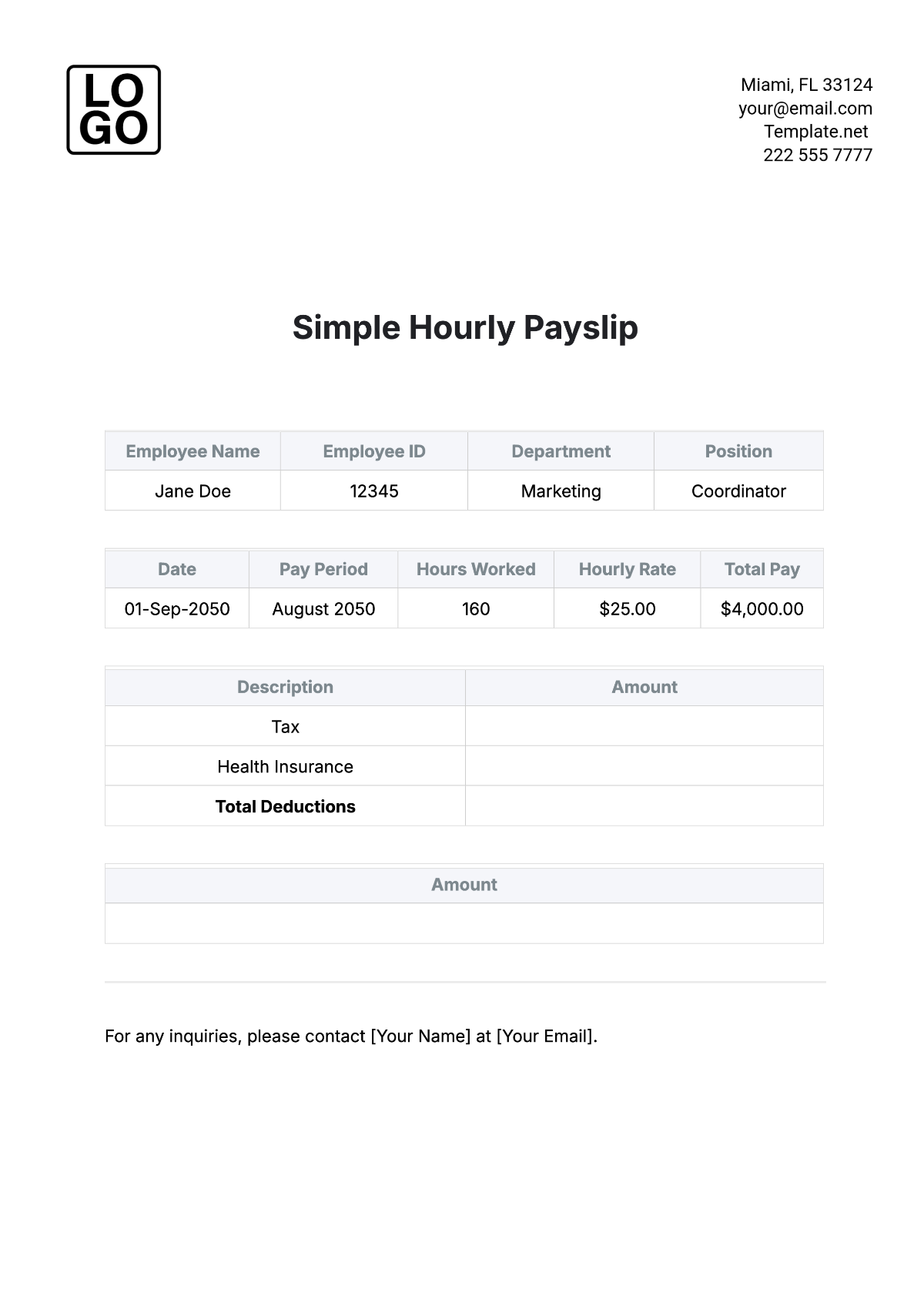 Free Simple Hourly Payslip Template To Edit Online