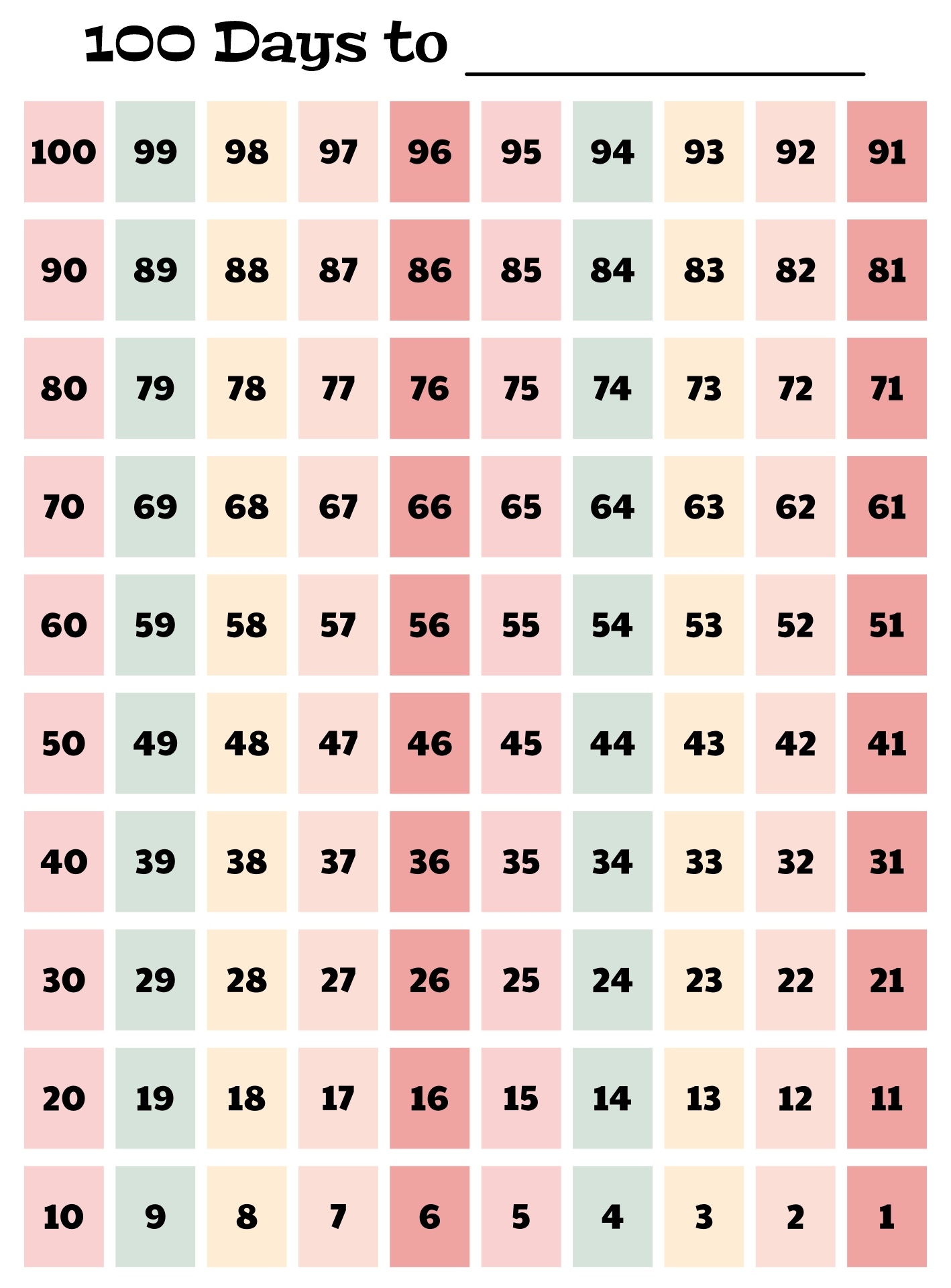 100 Day Countdown Chart Printable