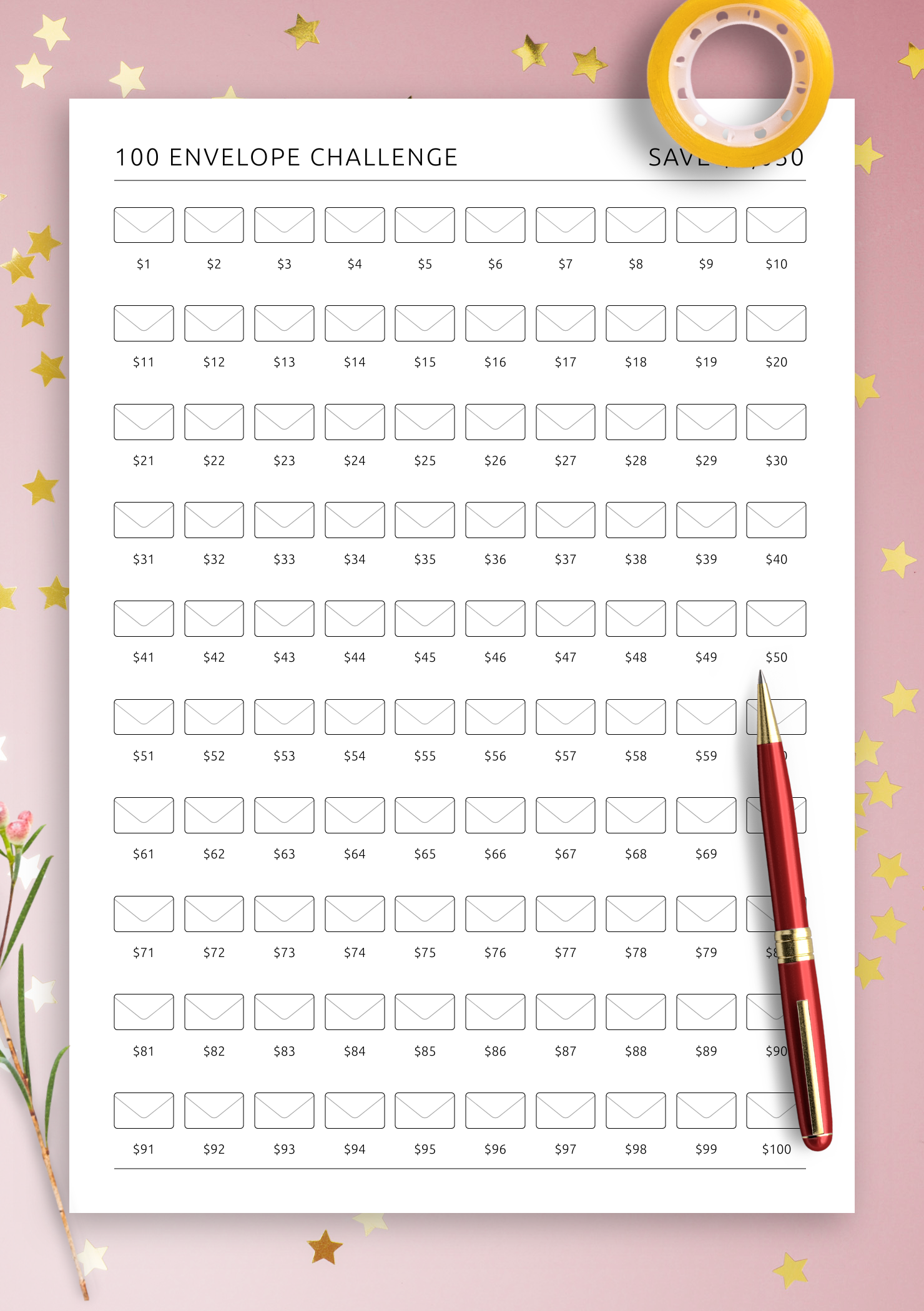 Free Printable 100 Envelope Challenge Chart