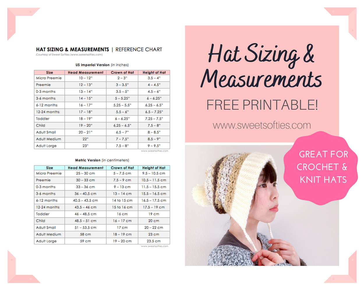 Hat Sizing Measurements Reference Chart Free Printable Crochet Hat Patterns Sweet Softies