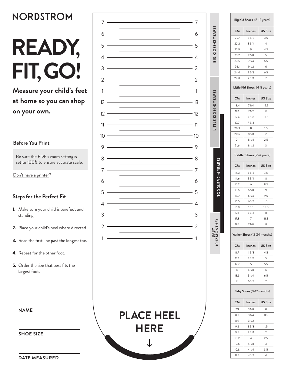 Printable Kids Shoe Size Chart Pdf
