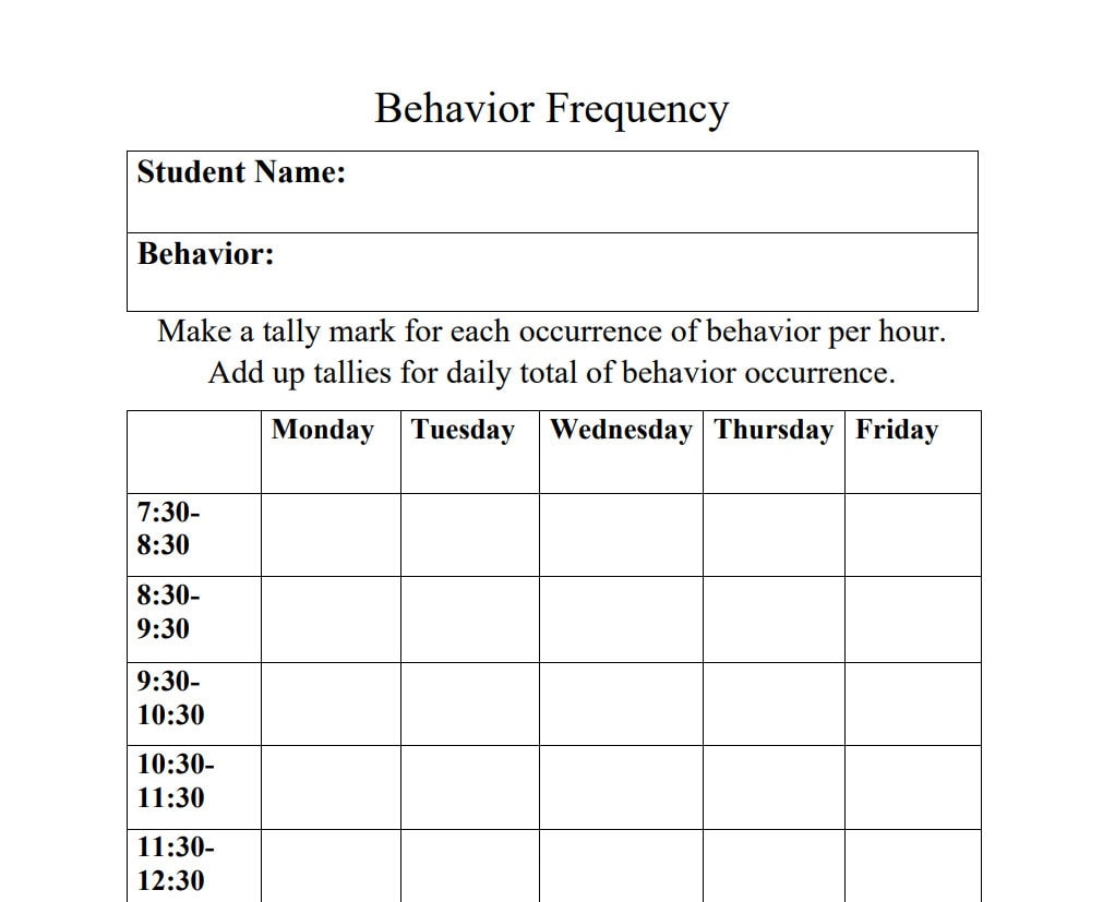 Hourly Behavior Frequency Sheet Behavior Frequency Sped IEP Behavior Tracking Frequency Tracking Etsy UK