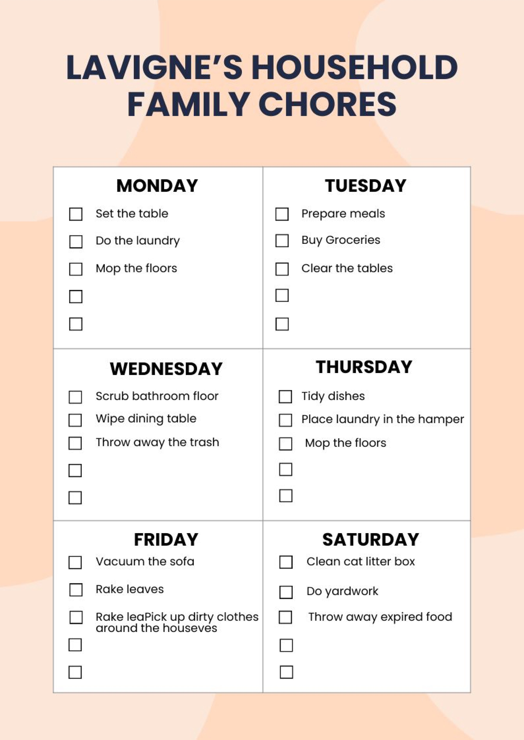 Household Family Chore Chart In Illustrator PDF Download Template