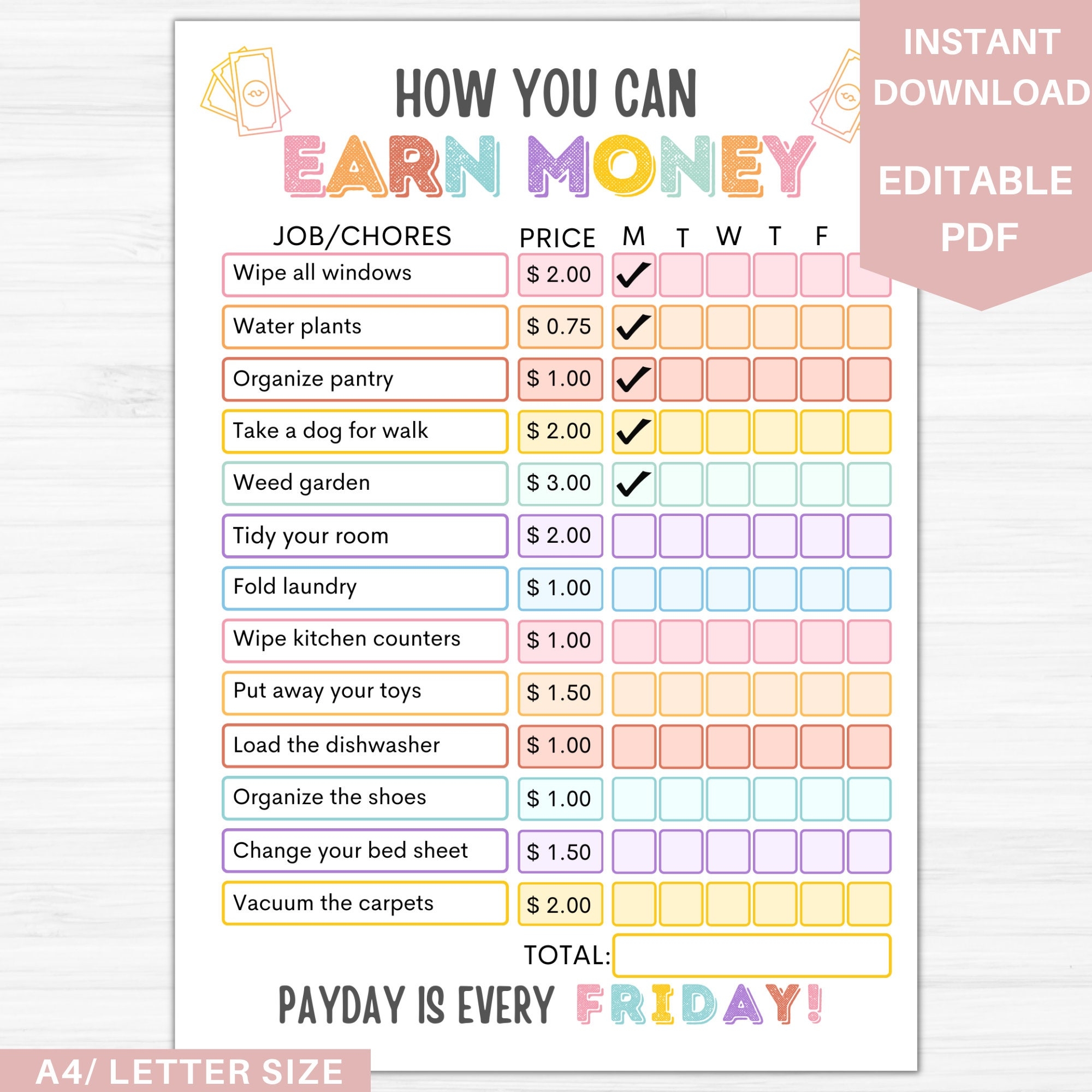 How To Earn Money Chore Chart Editable Allowance Chore Chart For Kids Printable Chore Chart For Kids Responsibility Chart For Kids 1 Etsy