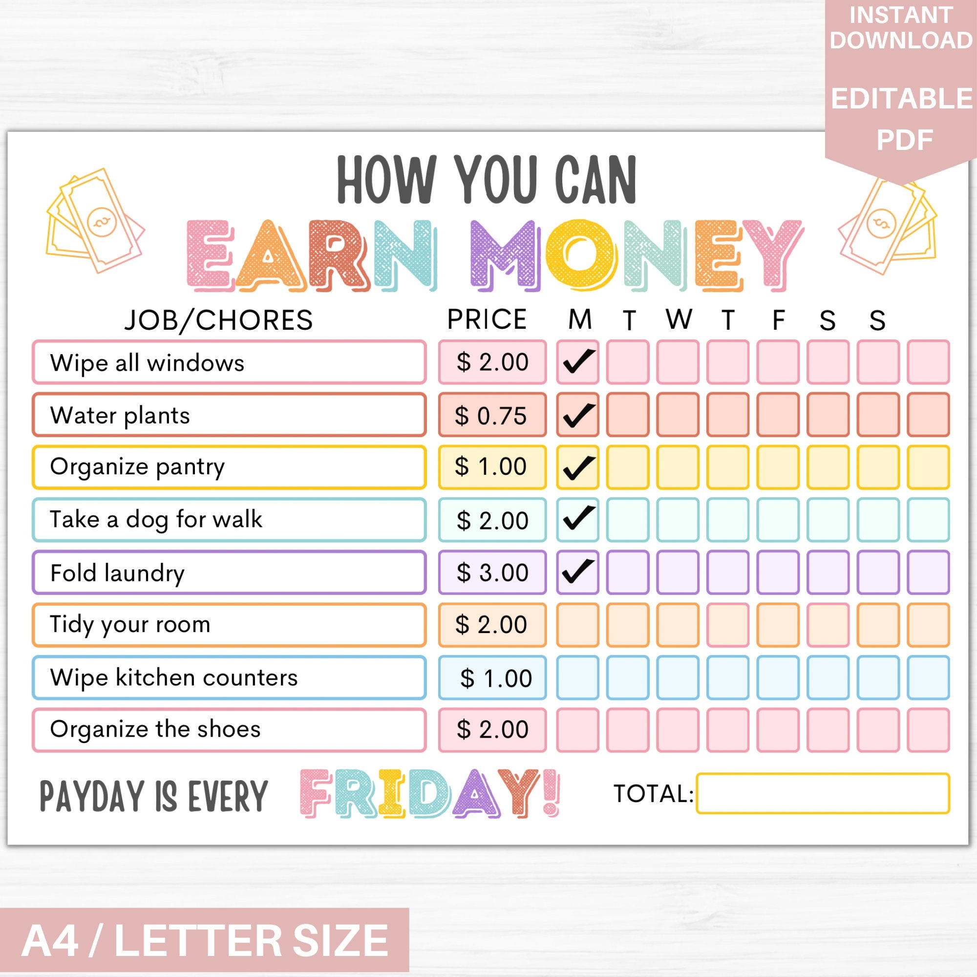 How To Earn Money Chore Chart Editable Allowance Chore Chart For Kids Printable Chore Chart For Kids Responsibility Chart For Kids 5 Etsy