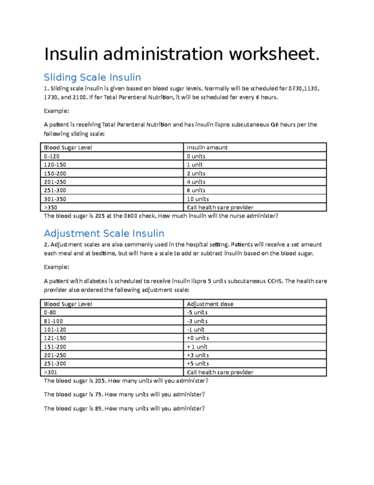Insulin Administration Worksheet Sliding Scale Carbohydrate Counting Studocu