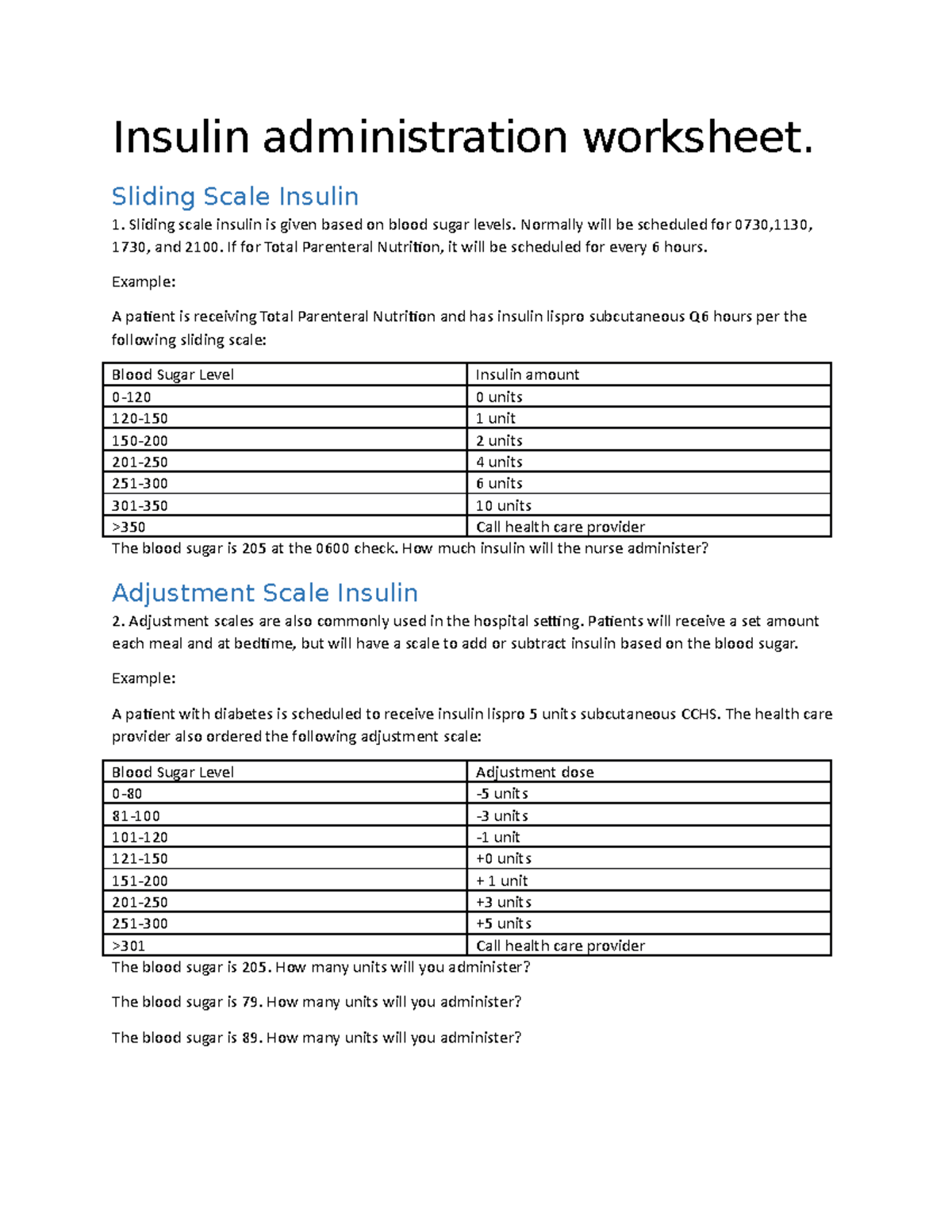 Insulin Administration Worksheet Sliding Scale Carbohydrate Counting Studocu