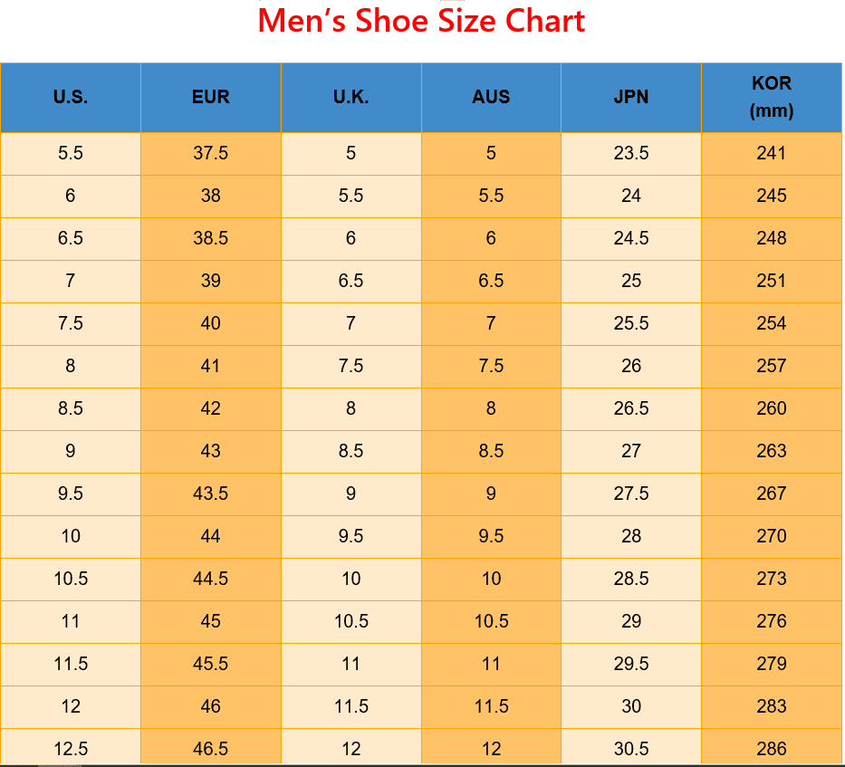 Printable Men's Shoe Size Chart