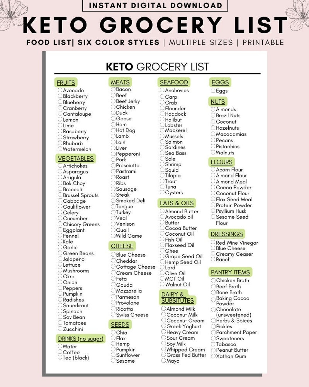Keto Grocery List Printable Low Carb Food Tracker Meal Planner digital Download Etsy