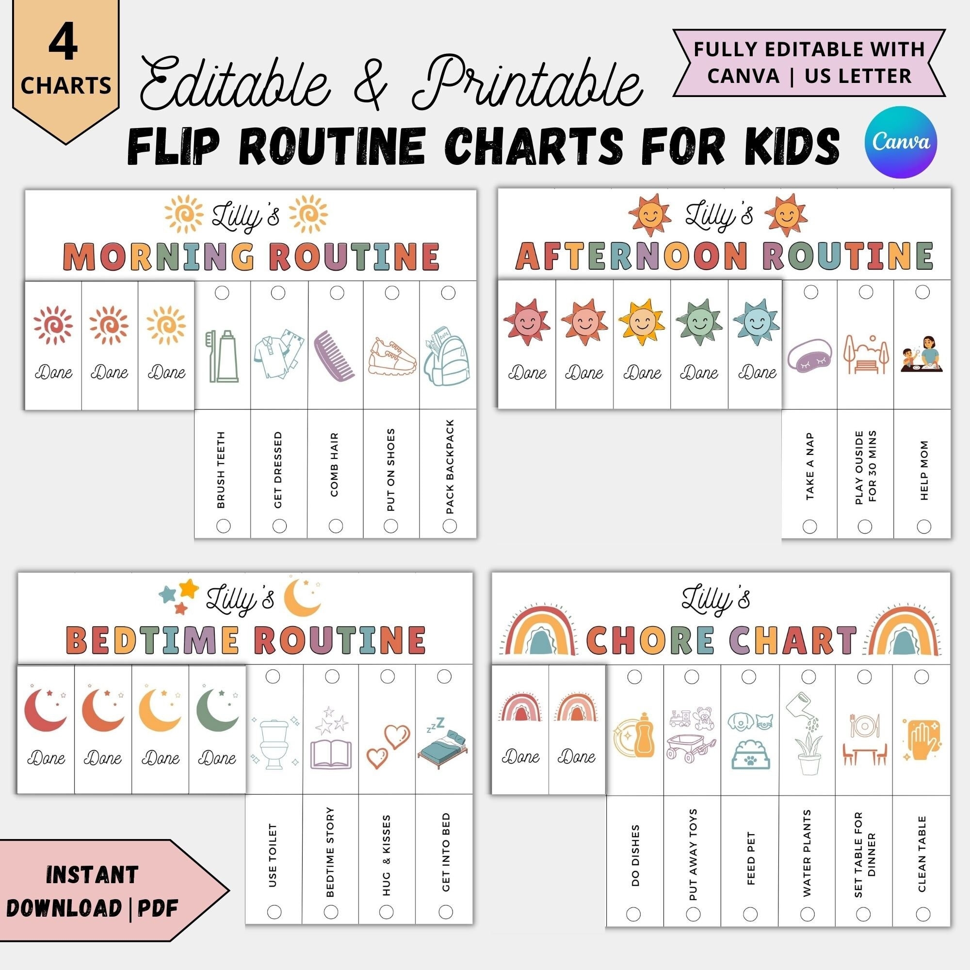 Kids Flip Routine Chart Editable Printable morning Flip Done evening Bedtime visual Schedule For Kids Toddler Chore Chart With Pictures Pdf Etsy