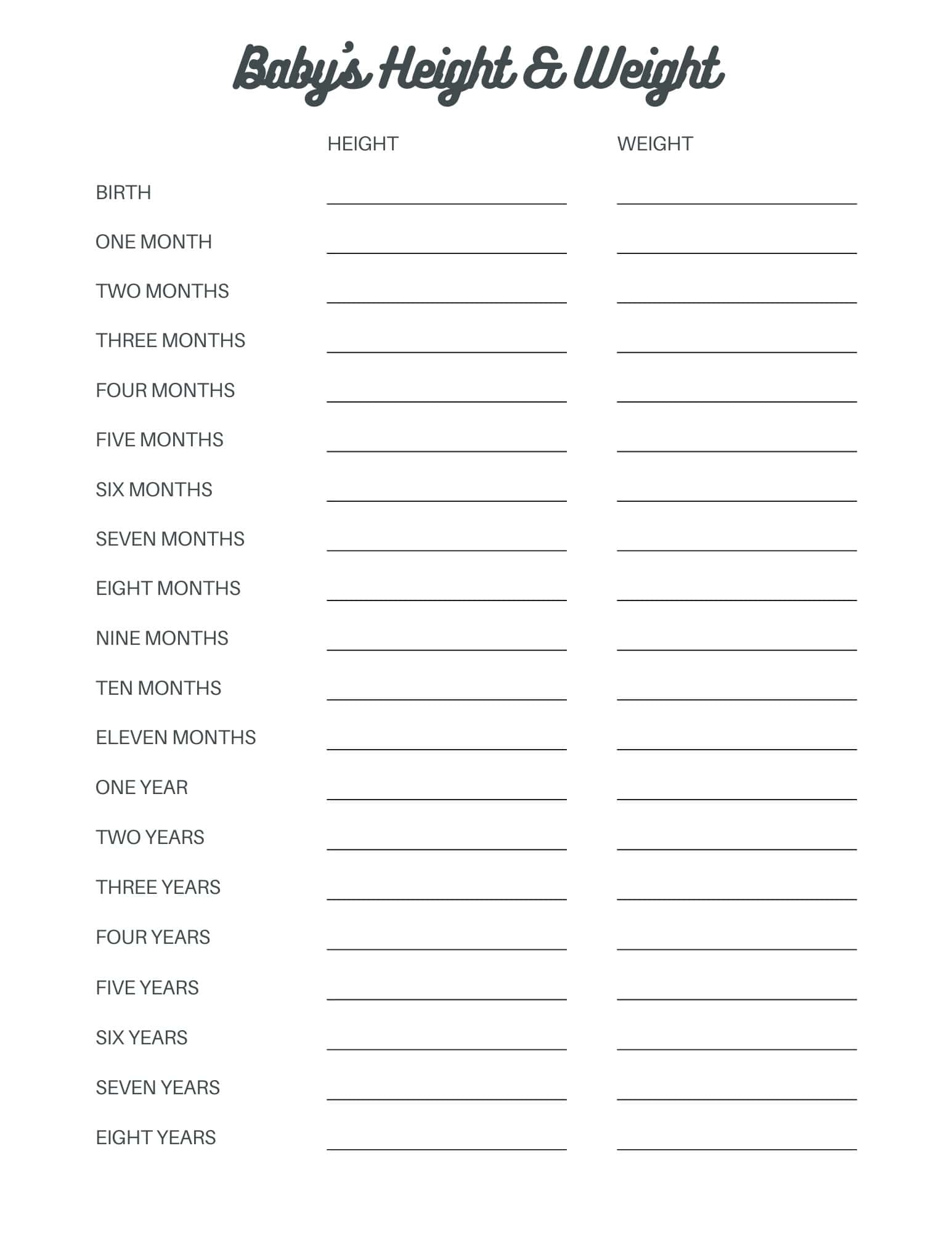 Kids Height And Weight Trackers Free Printables