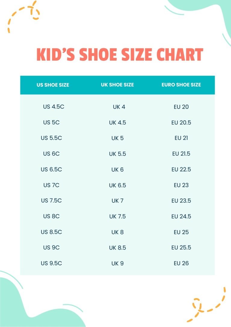 Kids Shoe Size Chart In Illustrator PDF Download Template