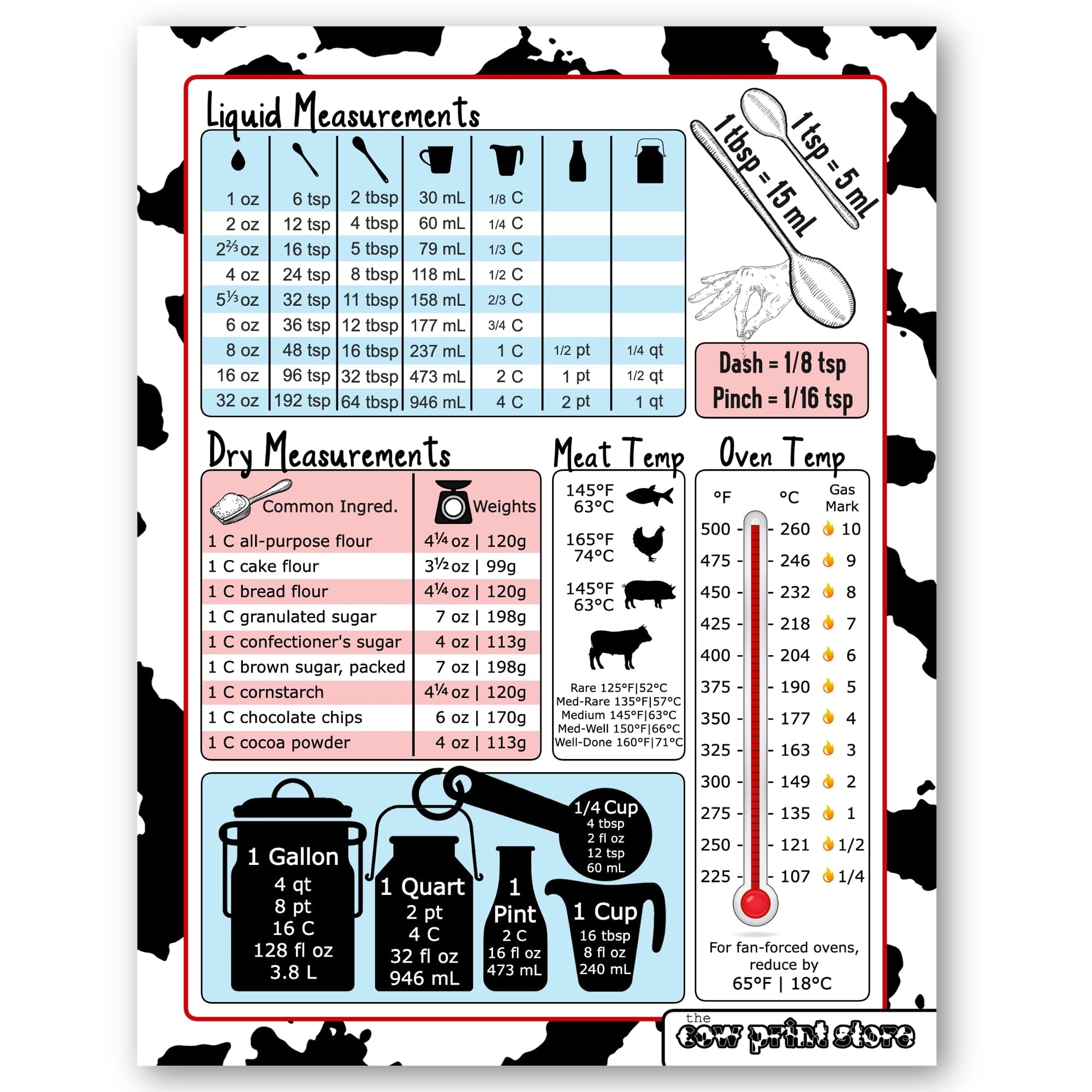 Kitchen Conversion Chart Cow Print Liquid Temperature Recipe Baking Cookbook Amazon de Home Kitchen
