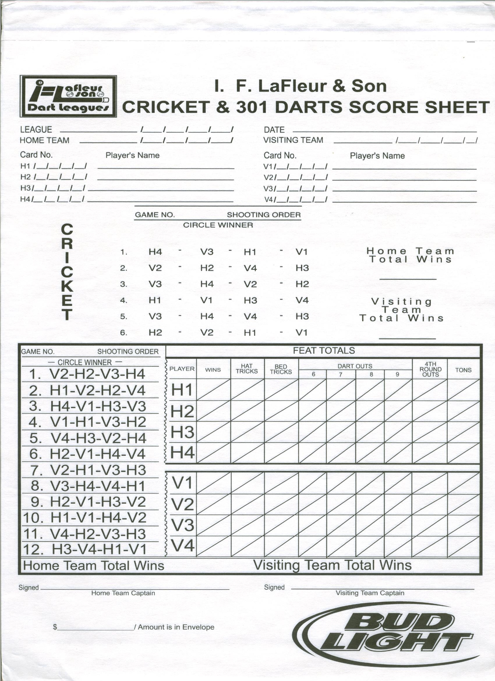 Dart Board Scoring Chart Printable