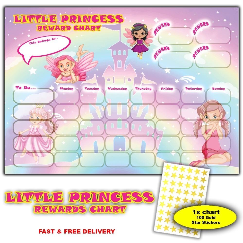 Little Princess Reward Chart For Kids 100 Gold Star Stickers Good Behaviour EBay