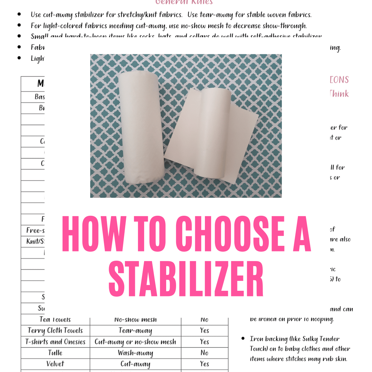 Machine Embroidery Stabilizer Guide FREE Printable Chart 