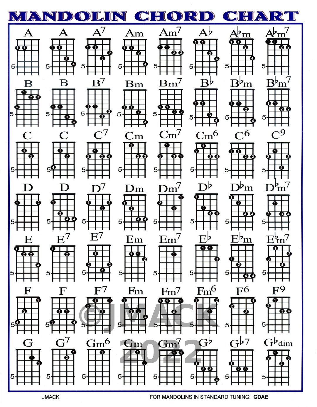 Mandolin Chord Chart For Mandolin Etsy Hong Kong