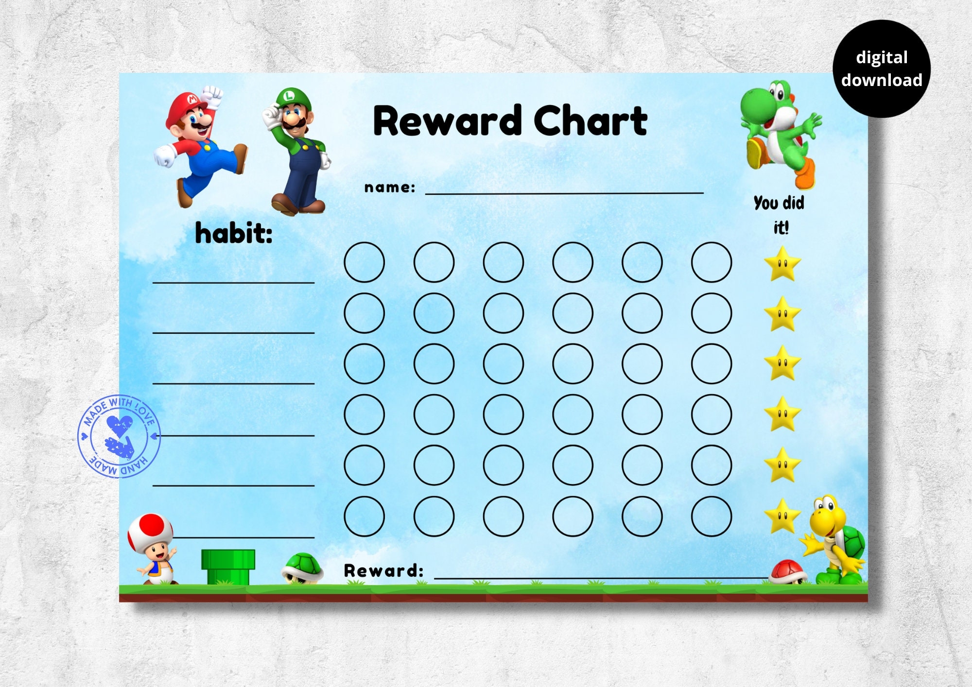 Mario Reward Chart For Kids Mario Luigi Toad Koopa Troopa Yoshi Behaviour Chart Habit Tracker Printable Download Digital A4 Etsy