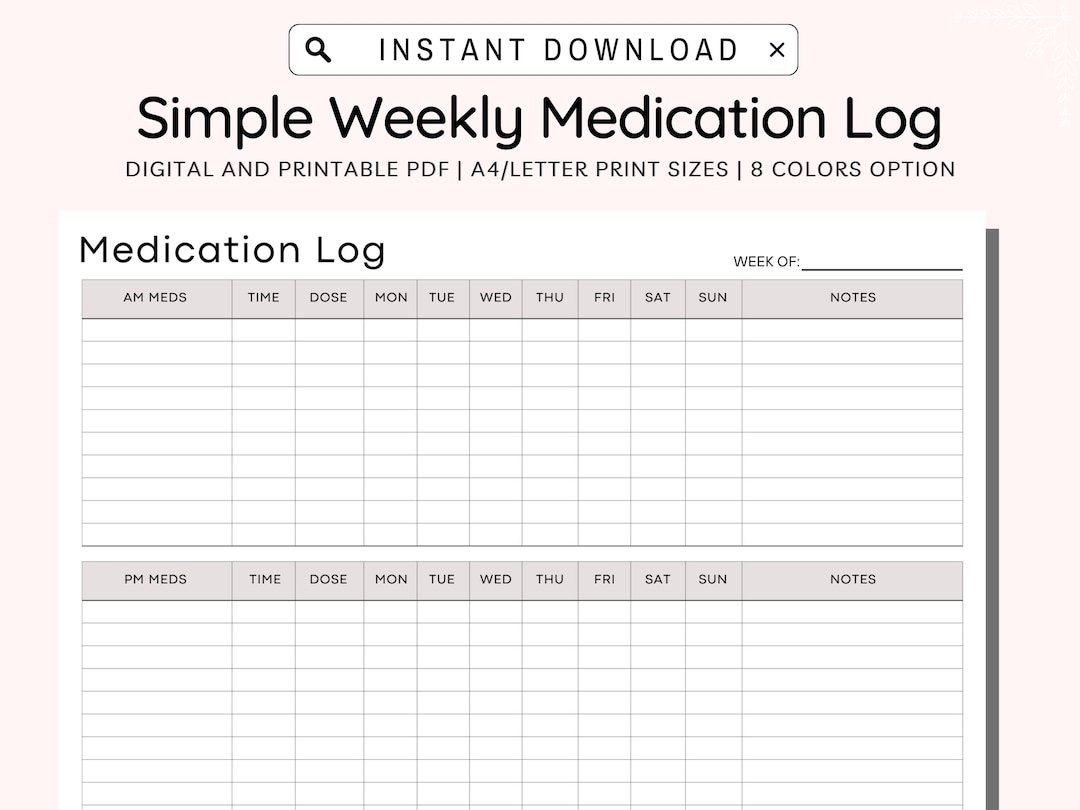 Medication Tracker Printable Weekly Medication Log Medicine Tracker Medication List Medication Log Medication Chart Daily PDF A4 letter Etsy Israel