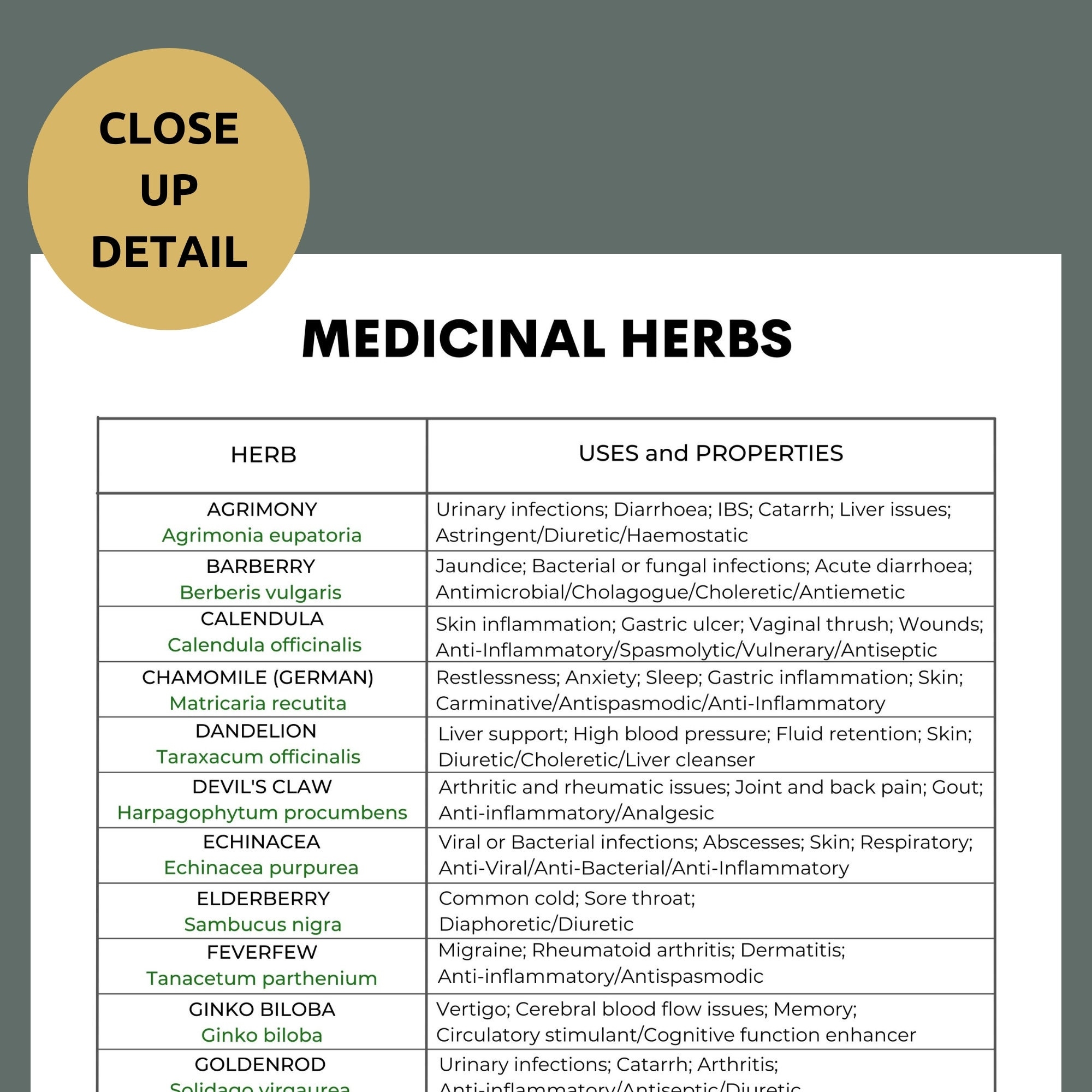 Free Printable Medicinal Herb Chart