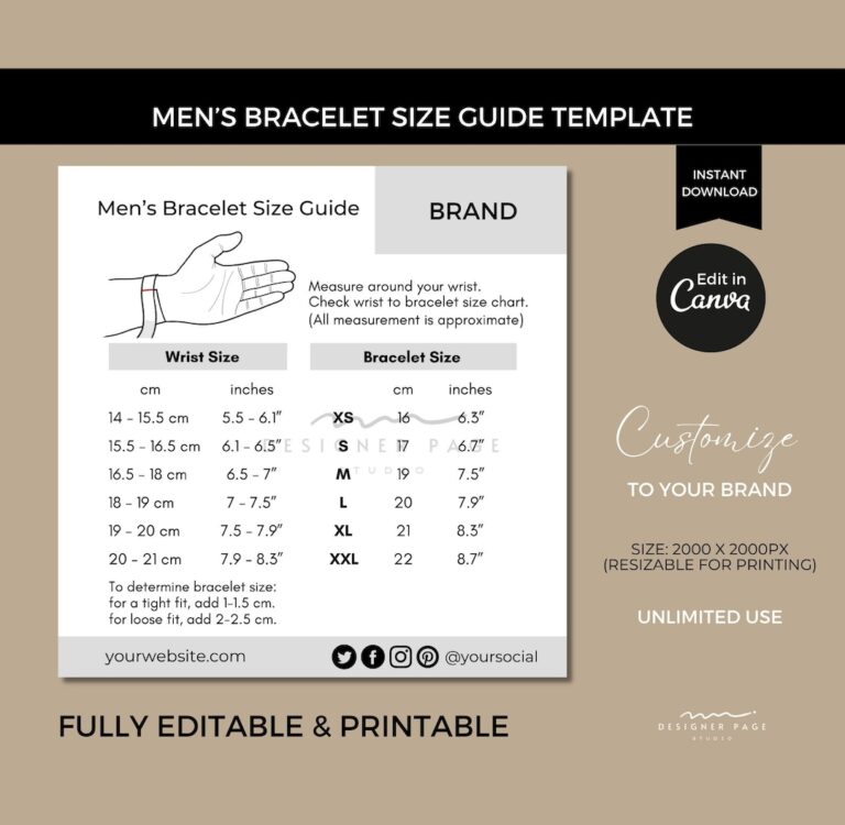 Men s Bracelet Size Chart Template Editable Printable Accessory Jewelry Length Guide Card Custom Canva Template For Business Store Shop Etsy