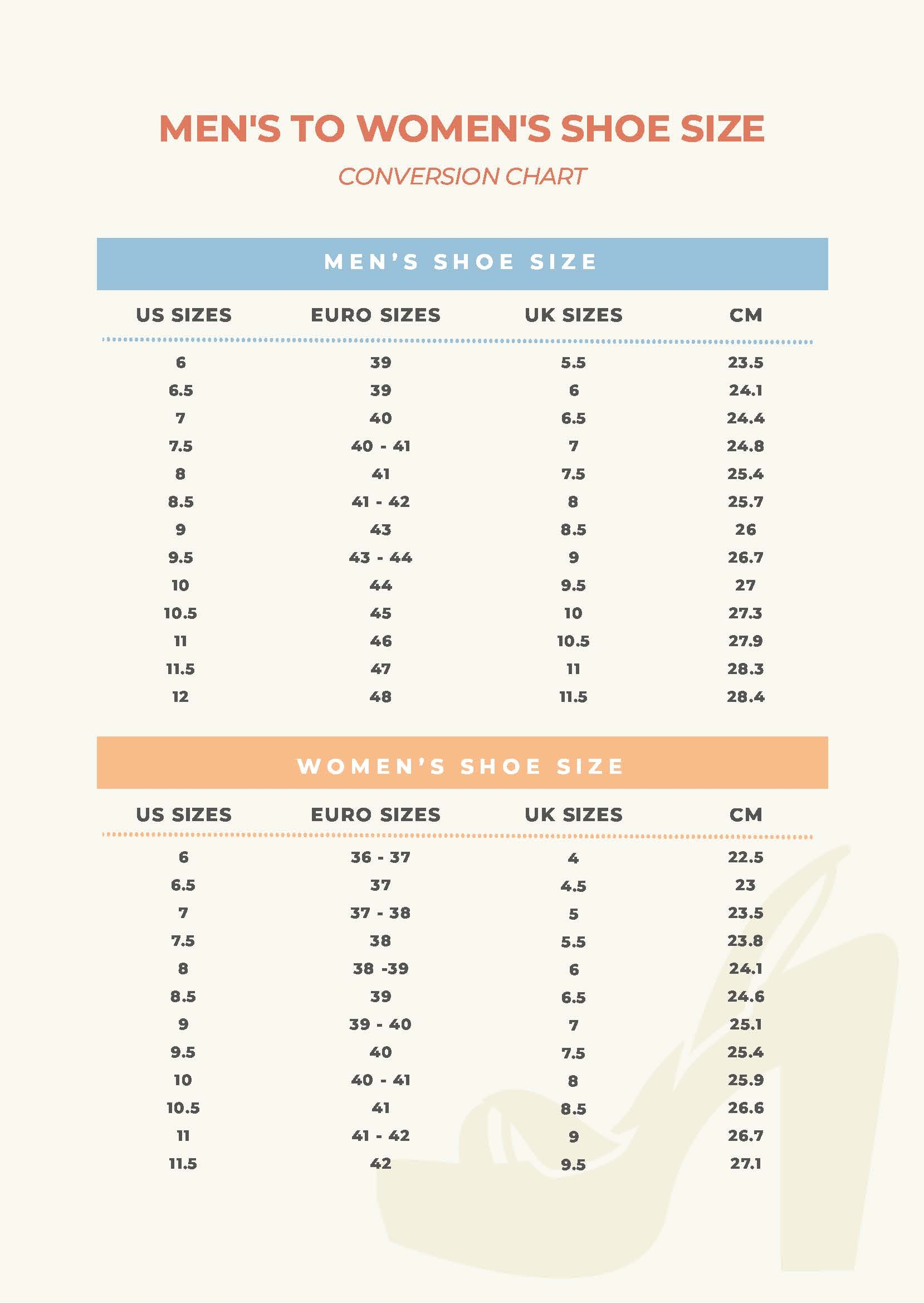 Printable Women's Shoe Size Chart