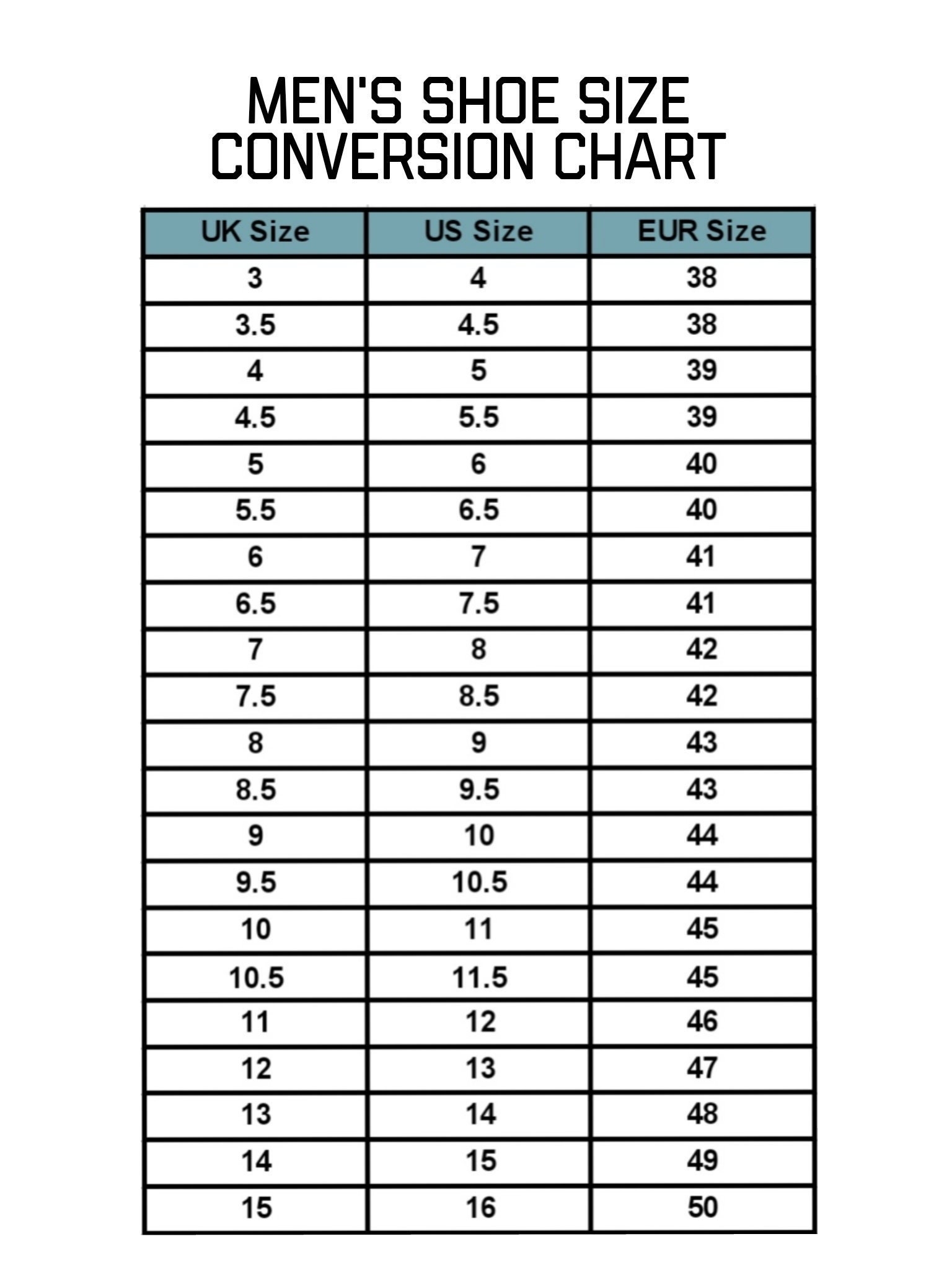 Mens Shoe Size Conversion Chart Template Instant Printable Digital Download Etsy