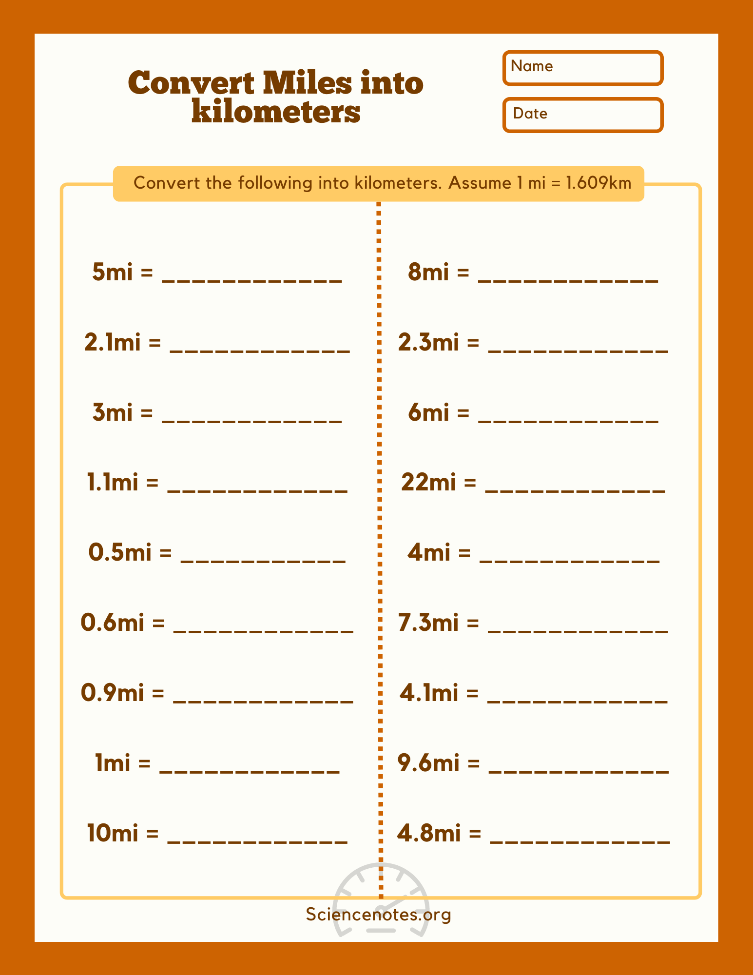 Miles To Kilometers Chart Printable