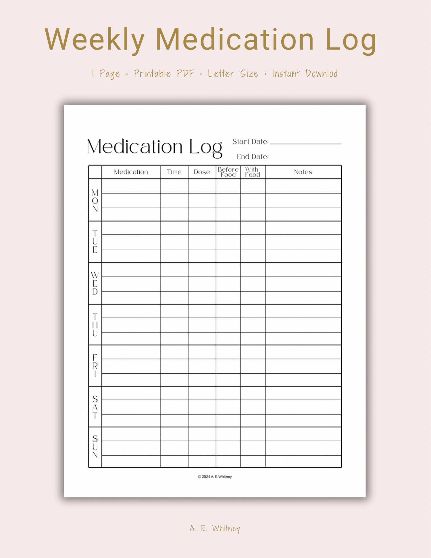 Minimalist Style Weekly Medication Log Printable Planner Page Payhip
