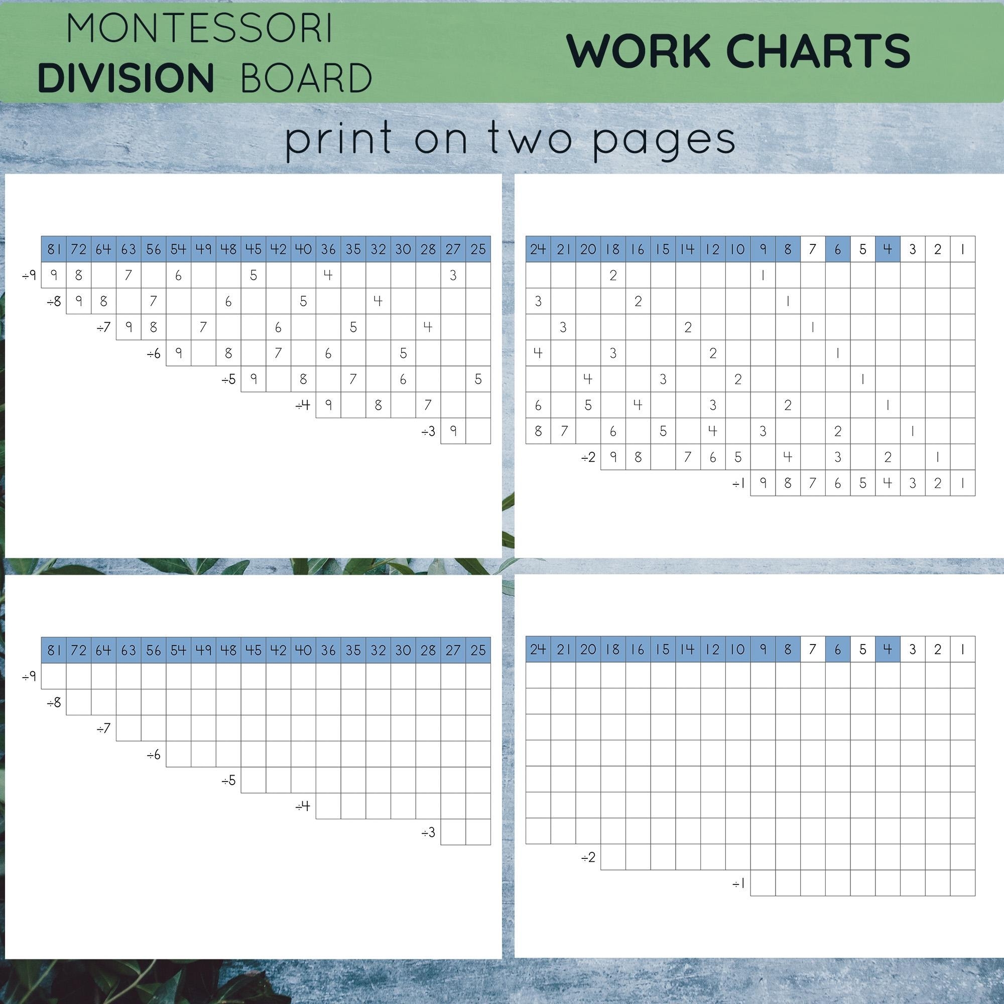 Montessori Division Board Printable Charts Booklets Worksheets Equation Slips Etsy