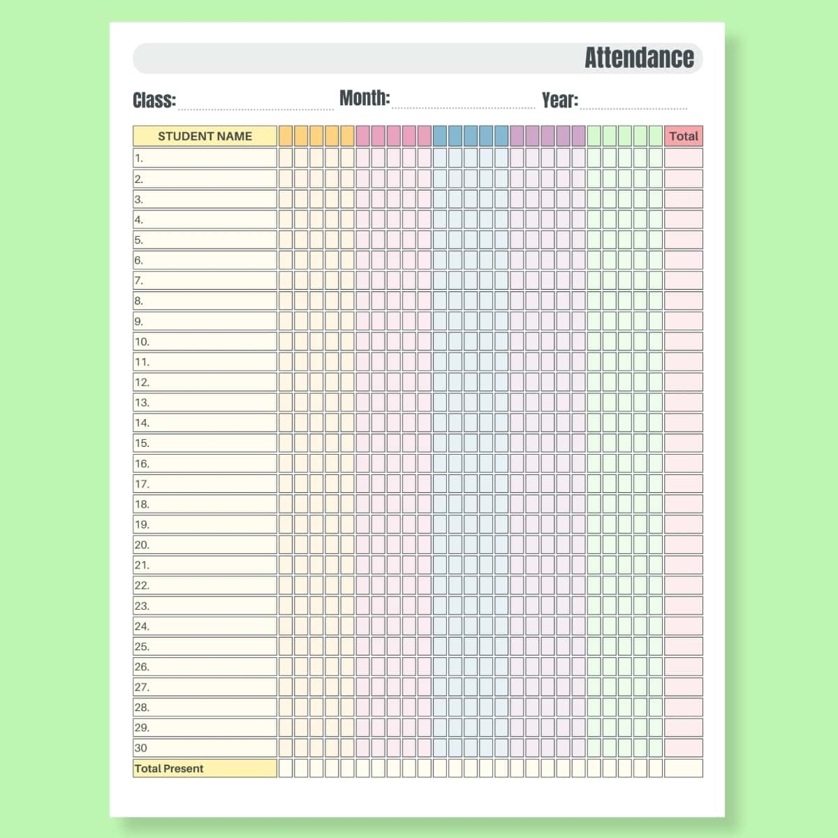 Monthly Attendance Sheet FREE Printable