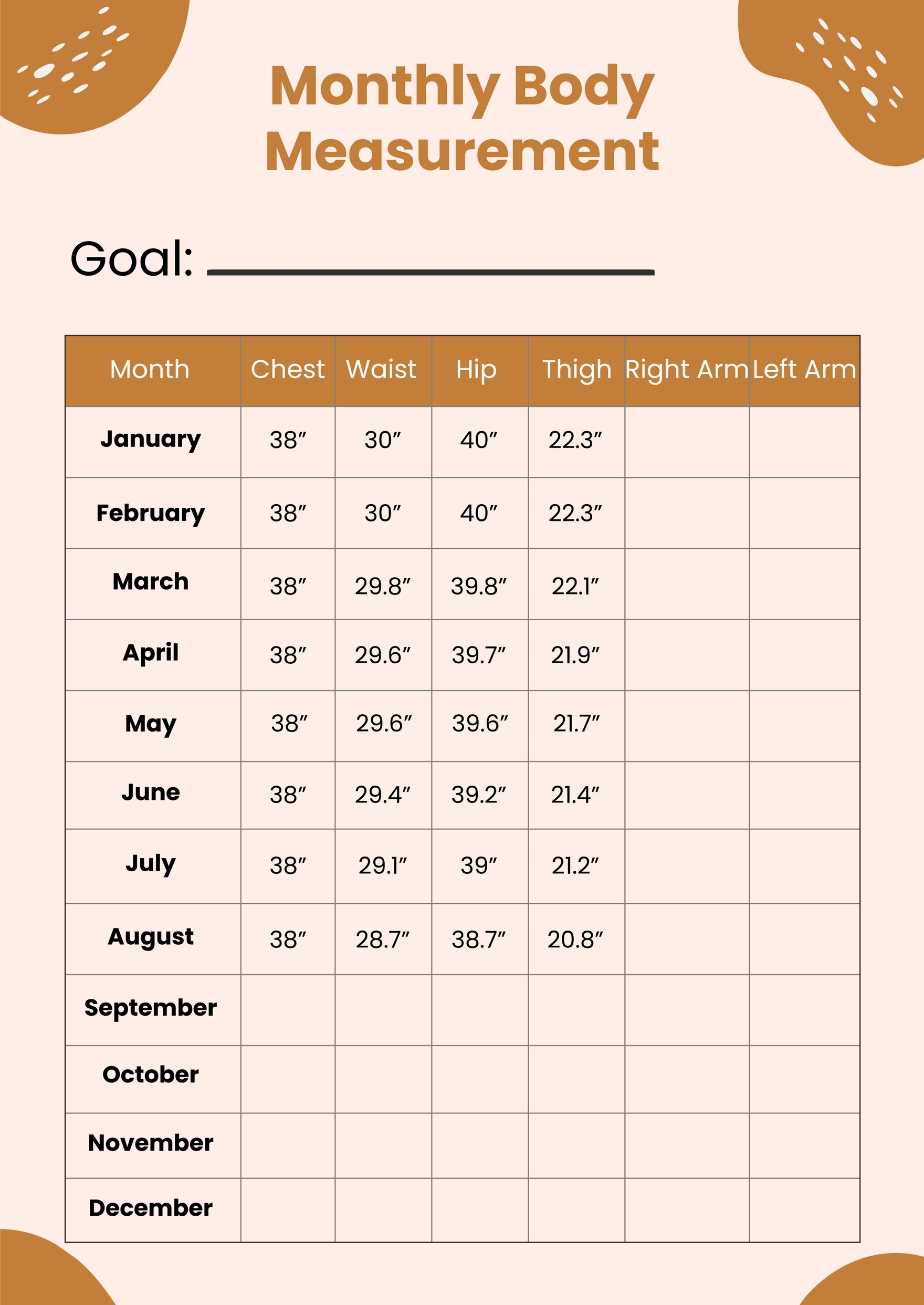Monthly Body Measurement Chart In Illustrator PDF Download Template Monthly Body Measurement Chart In Illustrator PDF Download Template