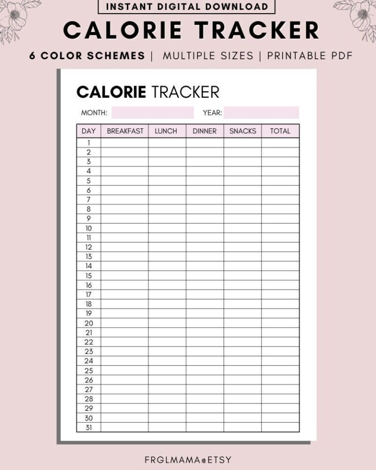 Monthly Calorie Tracker Printable A4 A5 US Letter PDF Download Etsy Israel