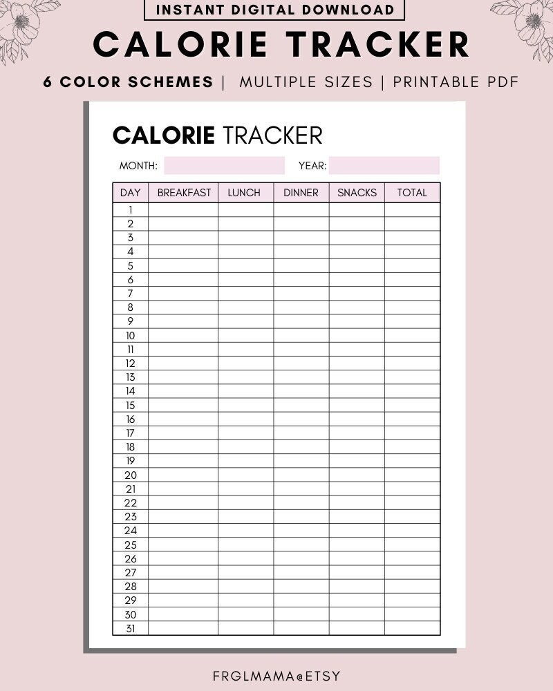 Monthly Calorie Tracker Printable A4 A5 US Letter PDF Download Etsy Israel