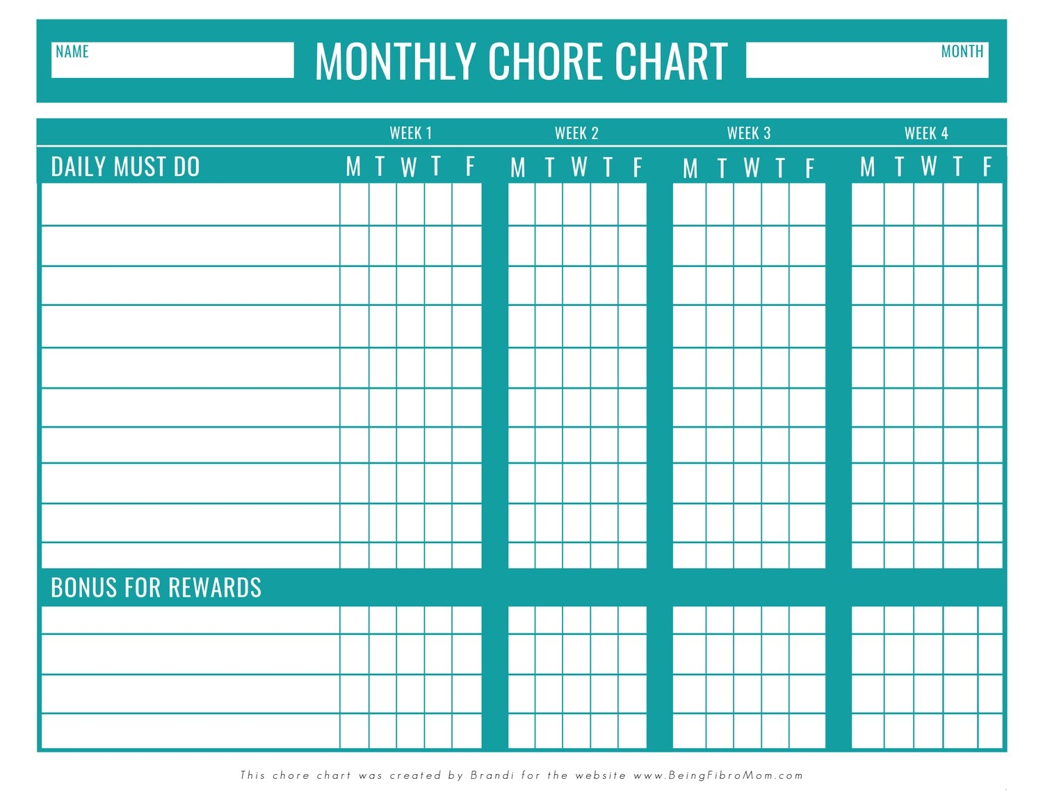 Monthly Chore Chart Printable