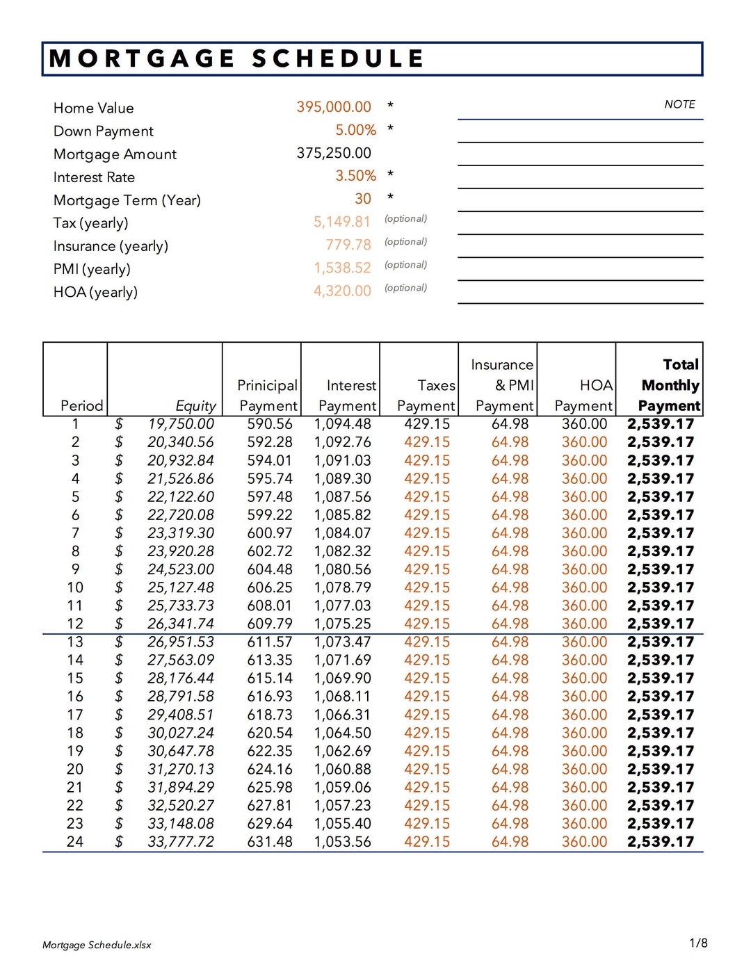 Mortgage Schedule Calculator Printable Excel Worksheet Etsy