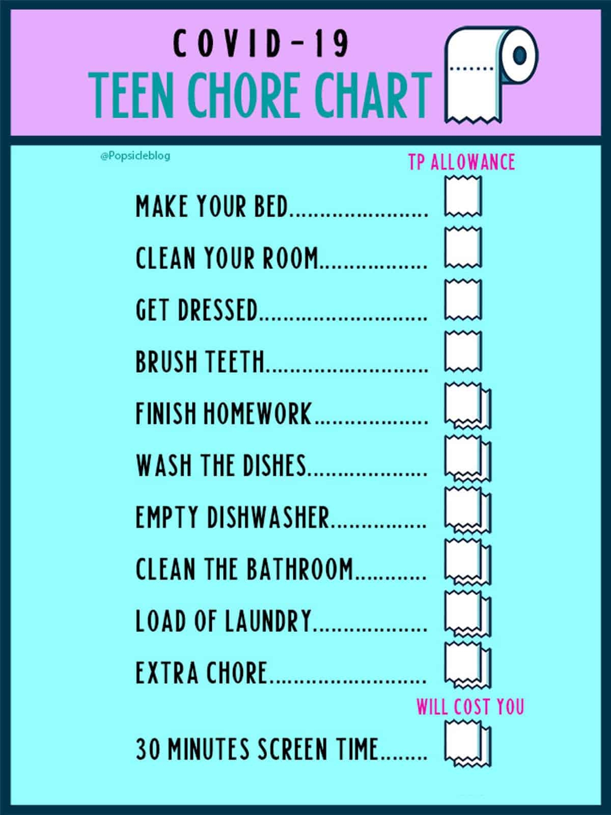 Printable Chore Chart For Teens