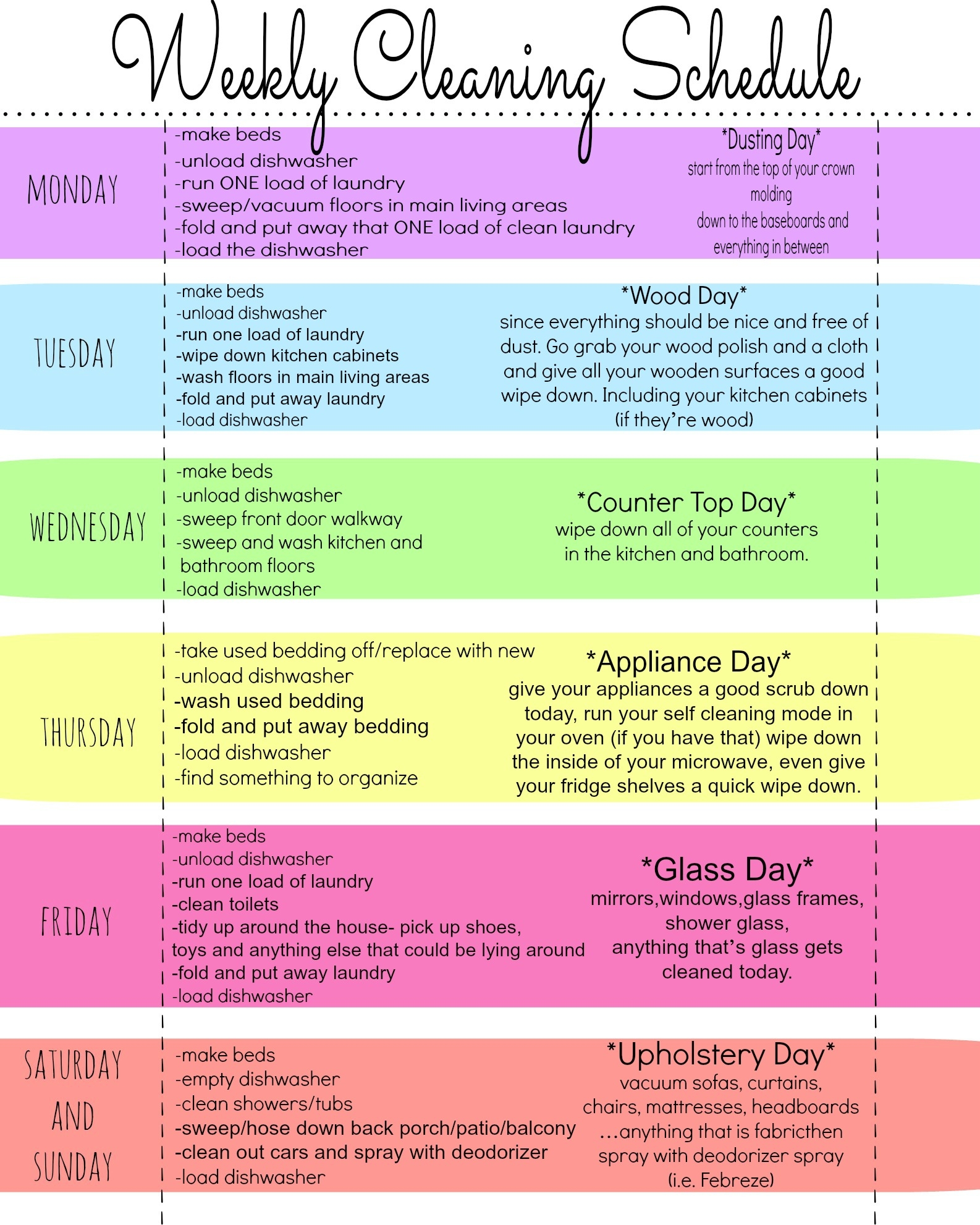 My Quirky Weekly Cleaning Chart Free Printable First Home Love Life