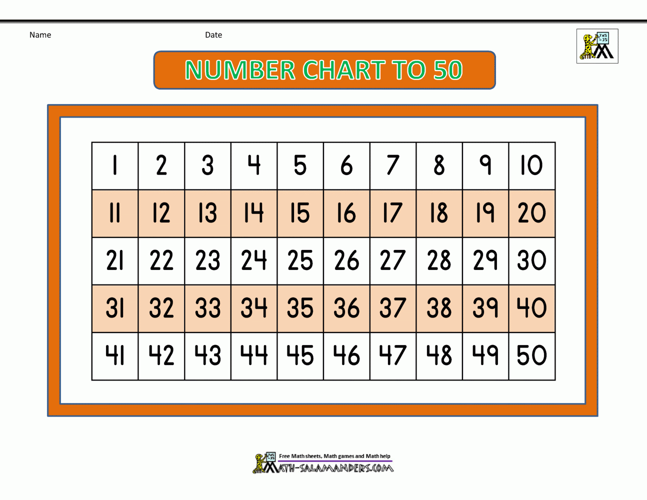 Free Printable Number Chart 1 50 Free Printable Number Chart 1 50