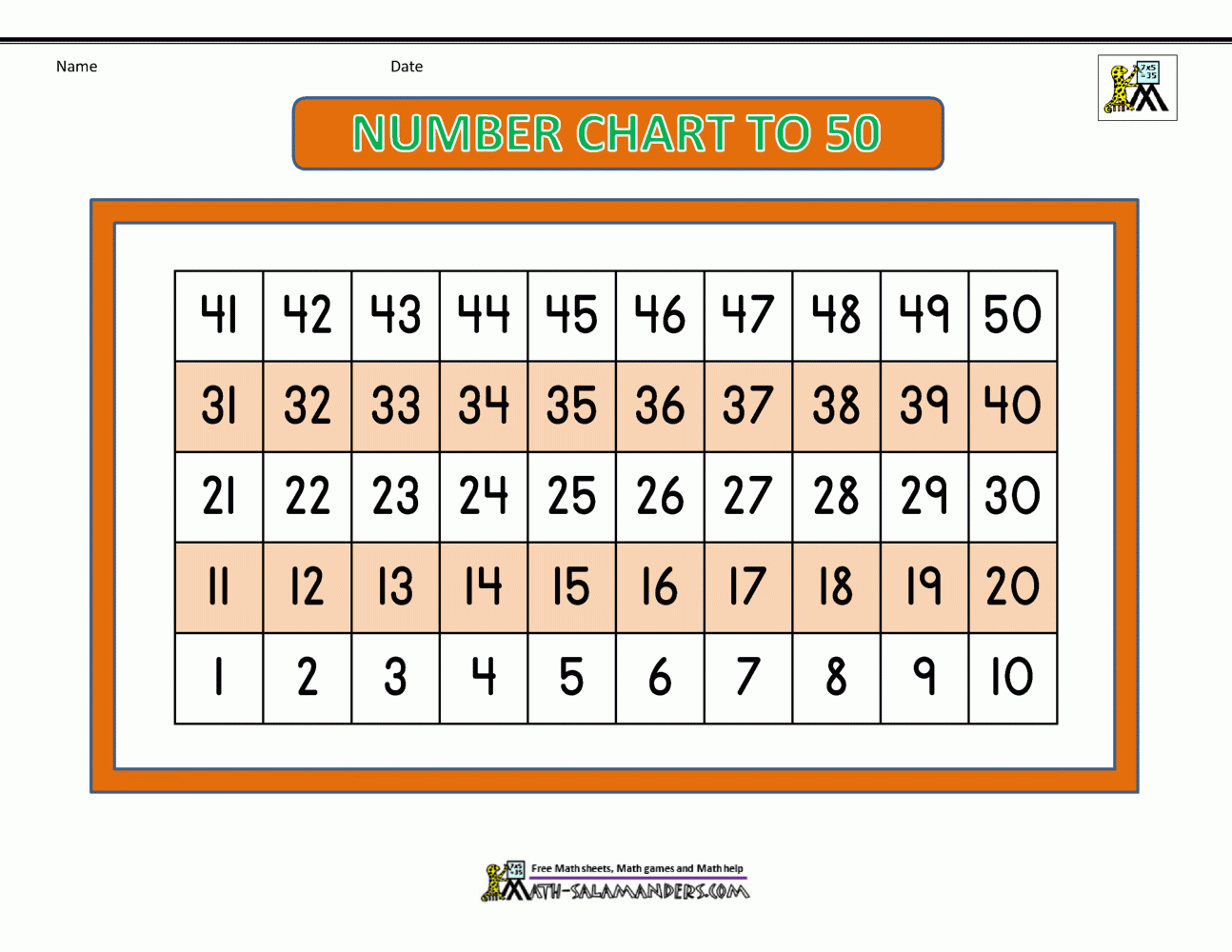 1 50 Number Chart Printable