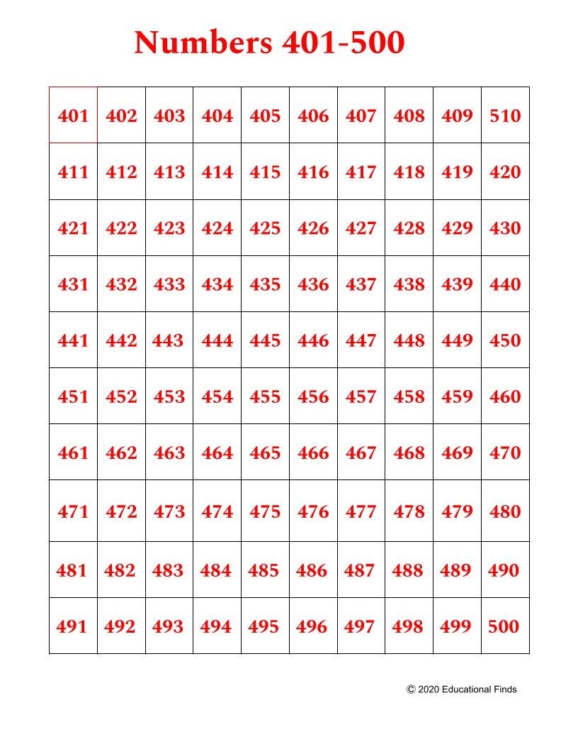 1 To 500 Number Chart Printable 1 To 500 Number Chart Printable