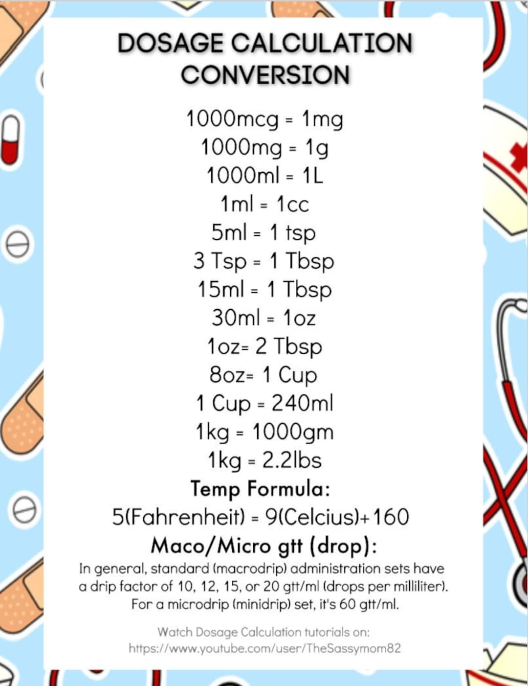 Nursing Student Dosage Calculations Conversion Sheet Plus FREE Video Tutorials Etsy