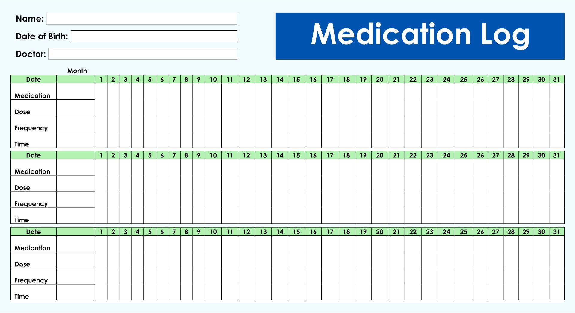 Monthly Medication Chart Template Printable
